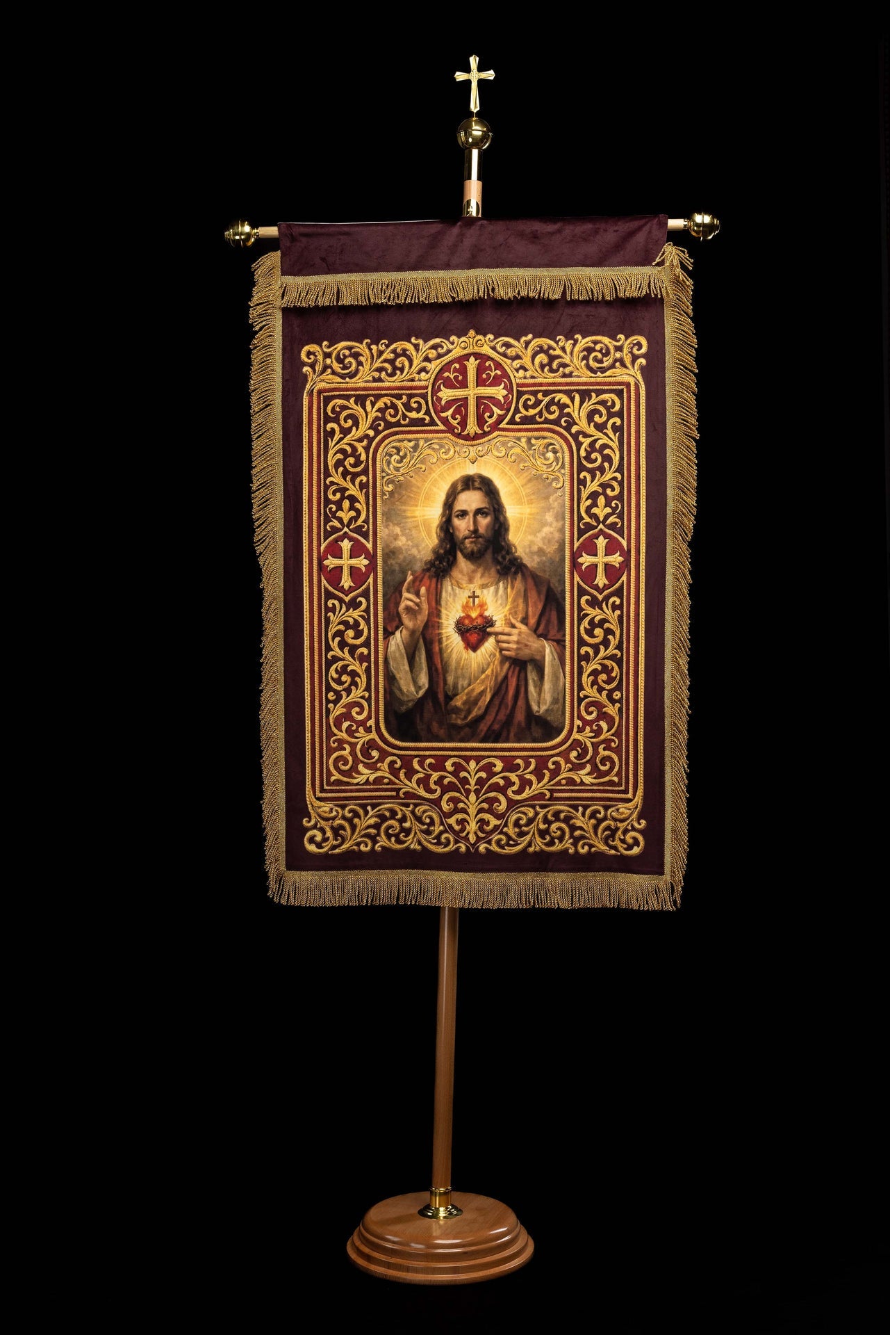 Bannière liturgique imprimée recto verso avec le Sacré-Cœur de Jésus et le calice IHS