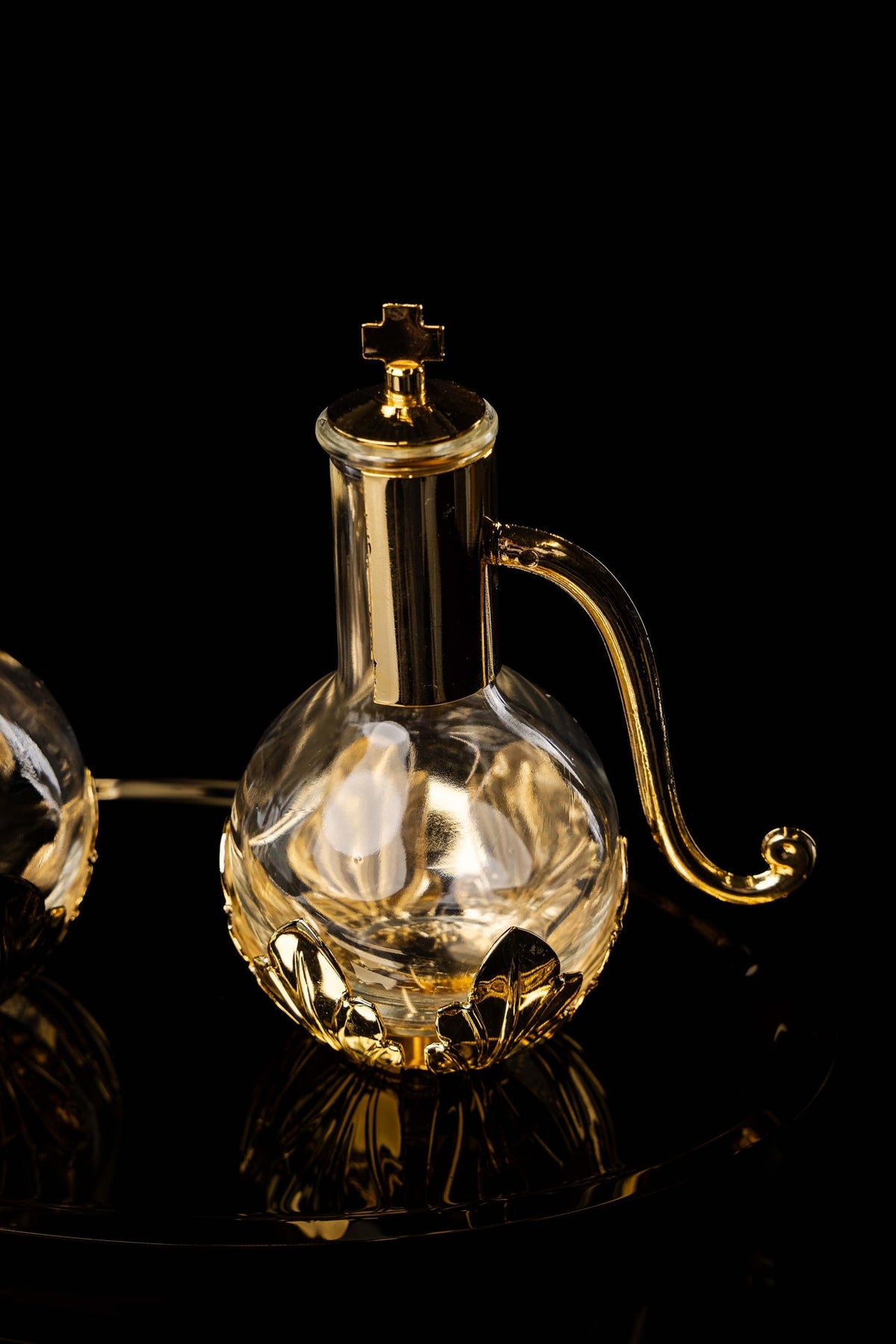 Burettes liturgiques avec plateau en laiton plaqué or, 100 ml