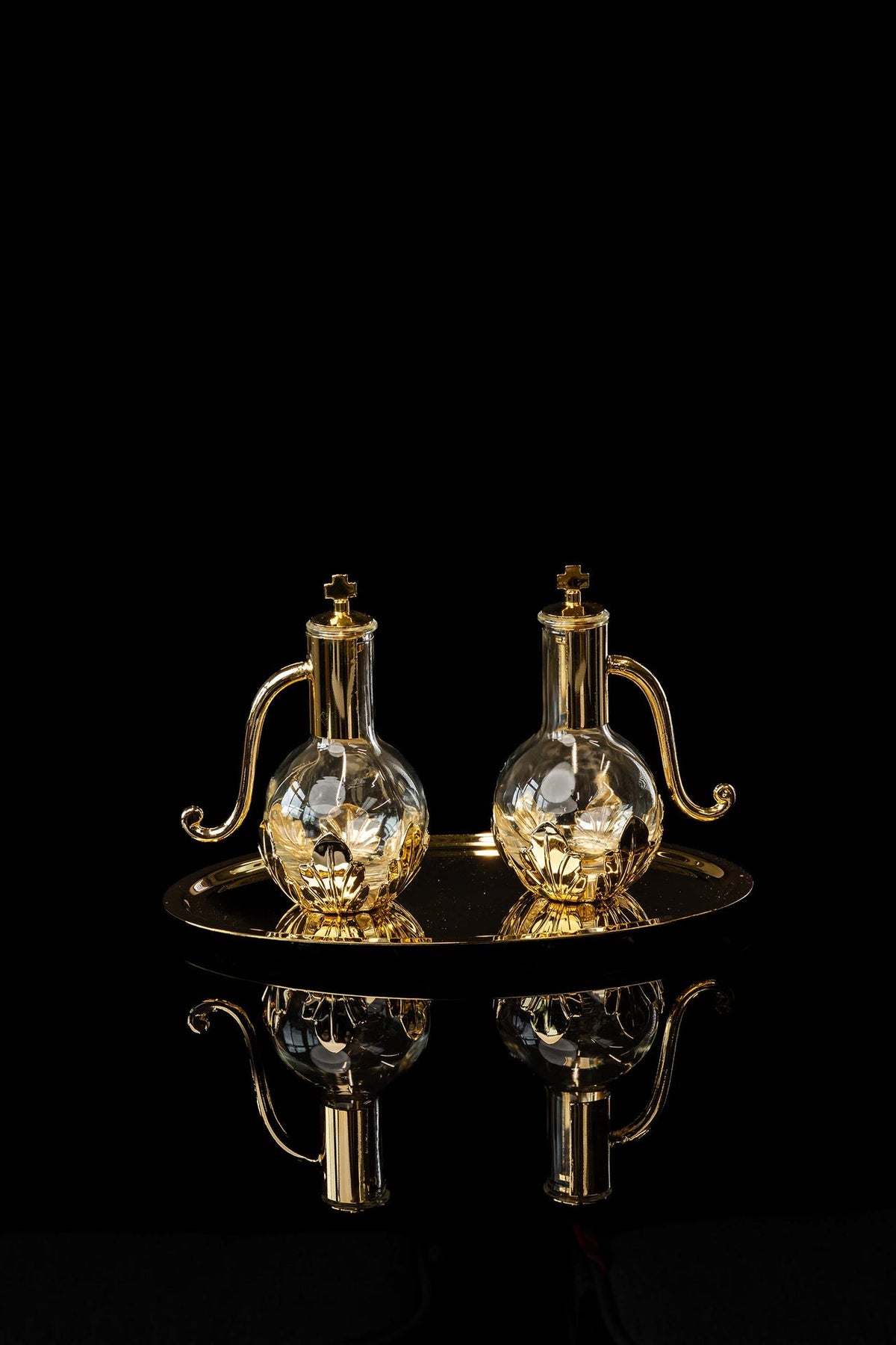 Burettes liturgiques avec plateau en laiton plaqué or, 100 ml