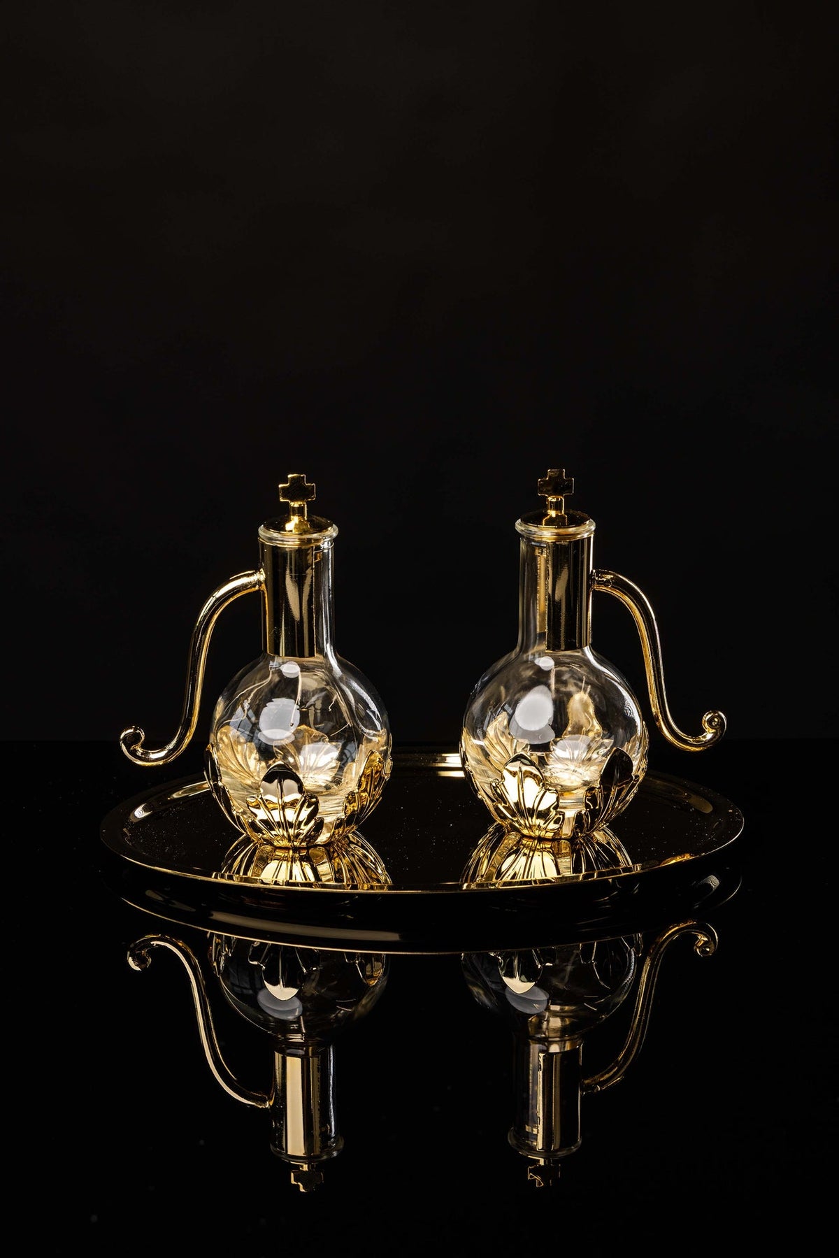 Burettes liturgiques avec plateau en laiton plaqué or, 100 ml