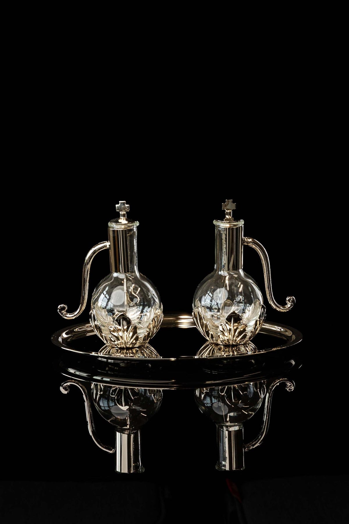 Burettes liturgiques avec plateau en laiton argenté, 100 ml