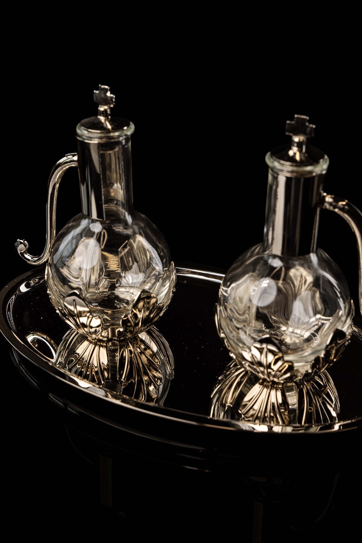 Burettes liturgiques avec plateau en laiton argenté, 100 ml