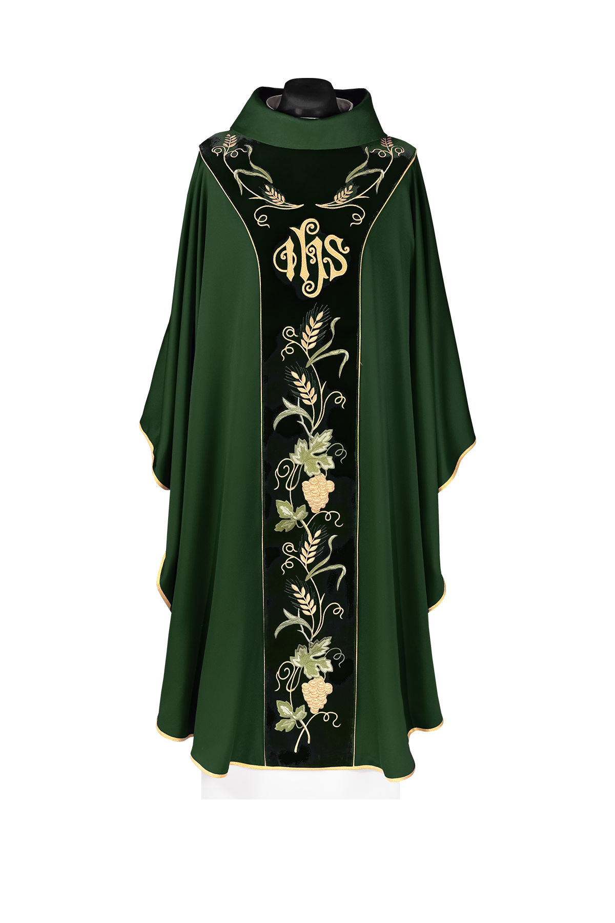 Chasuble avec bande de velours vert et broderie IHS
