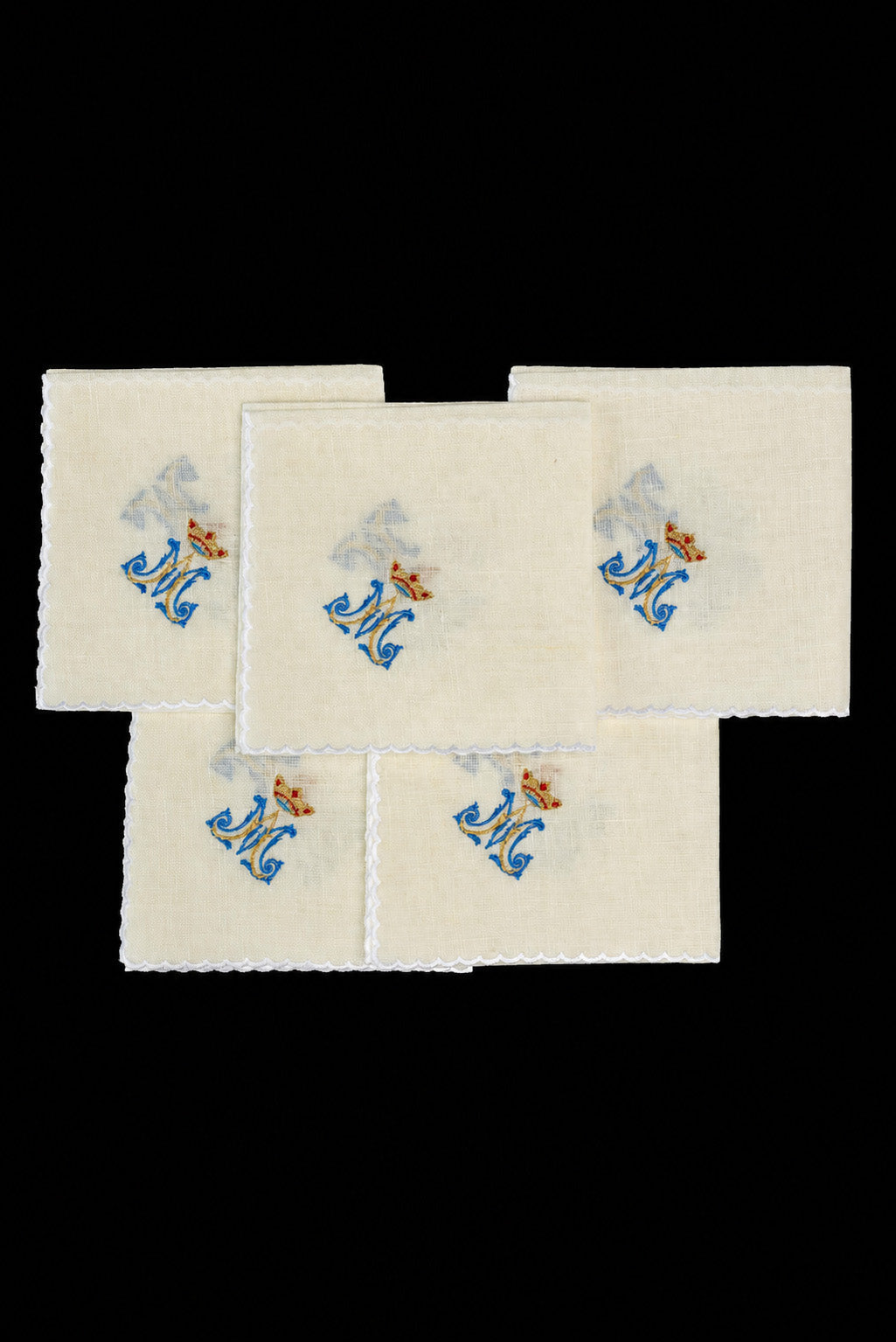 Ensemble de 5 corporaux liturgiques en lin avec broderie mariale