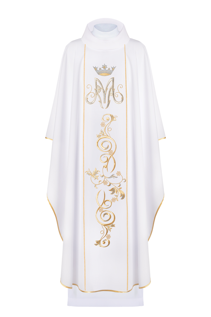 Chasuble liturgique mariale avec ceinture brodée en blanc