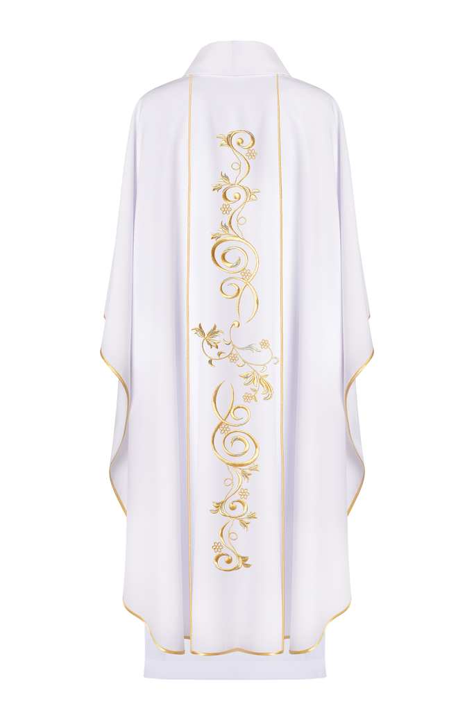 Chasuble liturgique mariale avec ceinture brodée en blanc