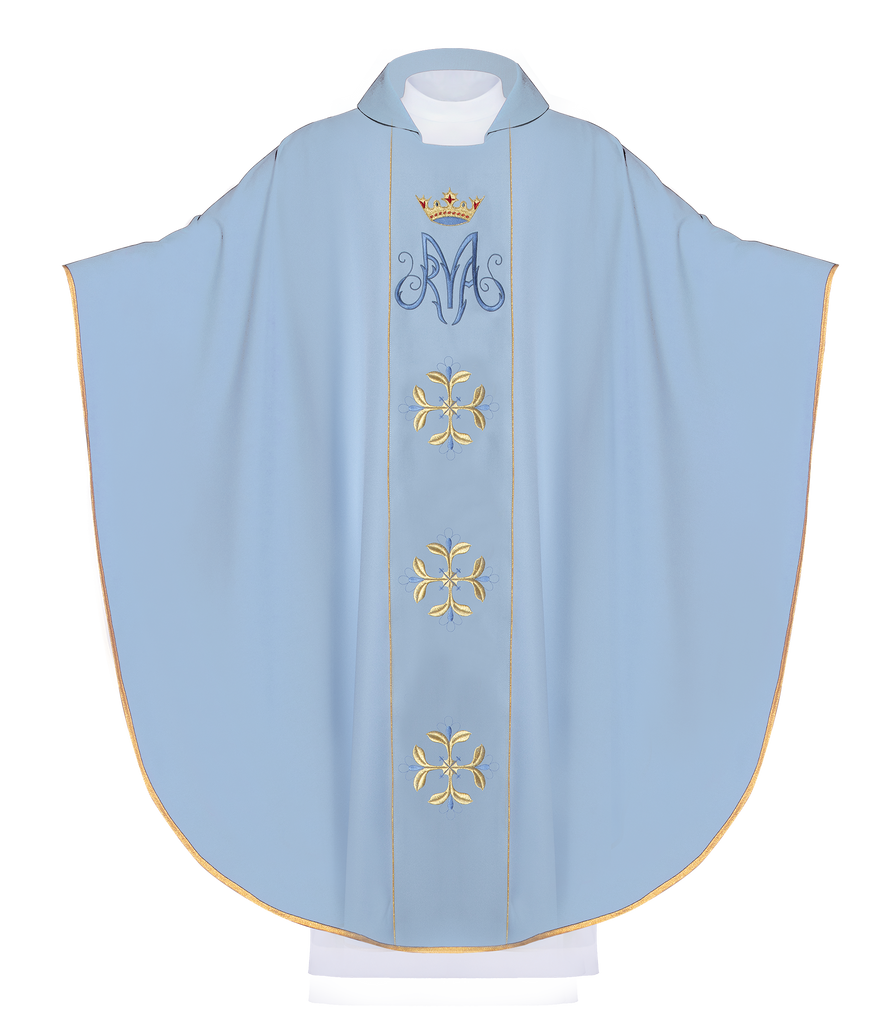 Niebieski ornat liturgiczny maryjny z szerokim kołnierzem i pasem