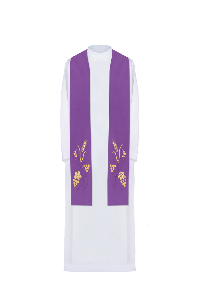 Étole de prêtre brodée de raisins et d'épis en violet