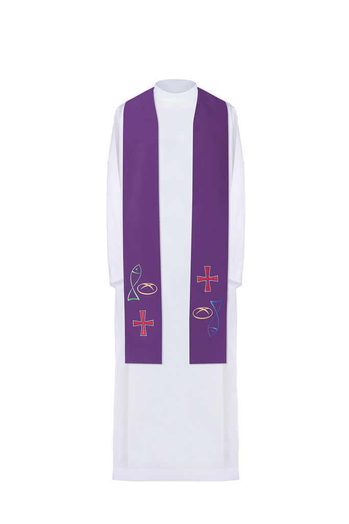 Étole de prêtre brodée en violet Croix de pain de poisson