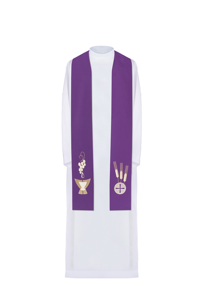Étole de prêtre violette brodée Calice, Oreilles et Raisins