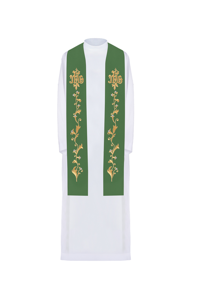 Étole de prêtre brodée en vert IHS sur la croix