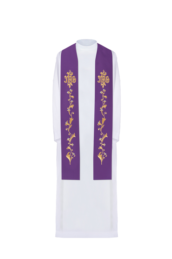 Étole violette brodée IHS sur la croix