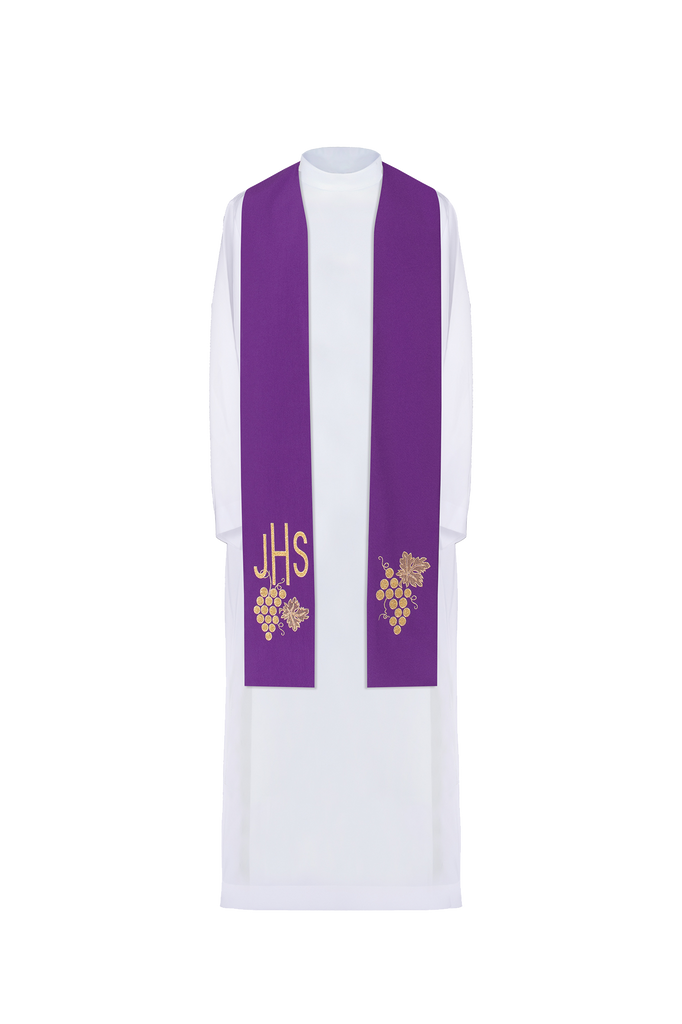 Étole de prêtre brodée IHS violet avec raisins