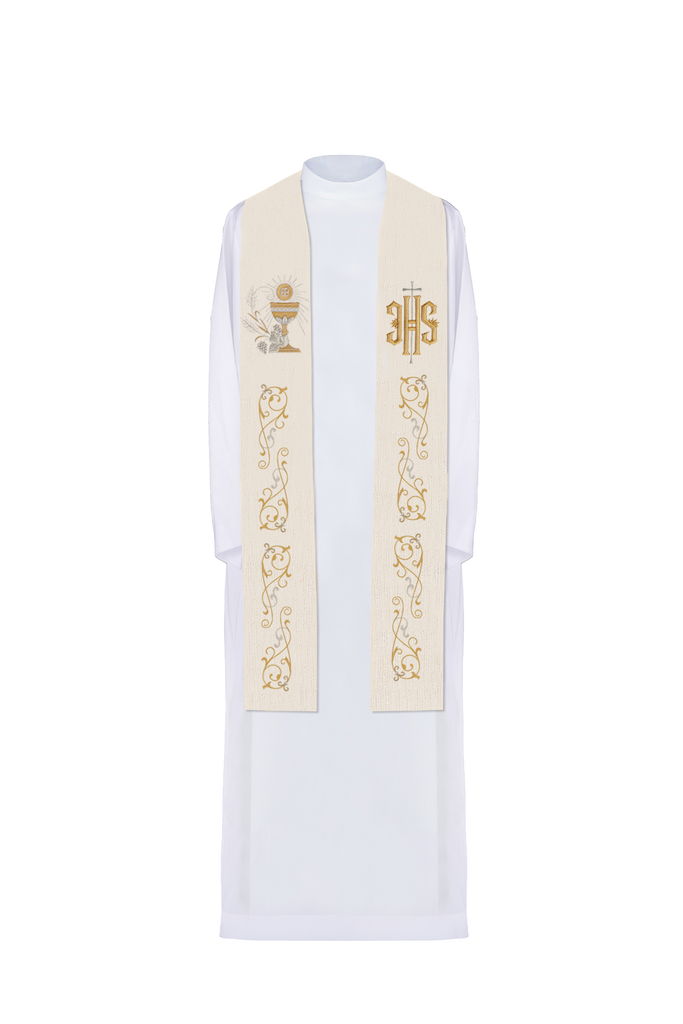 Stuła kapłańska z haftowanym IHS i kielichem eucharystycznym ecru