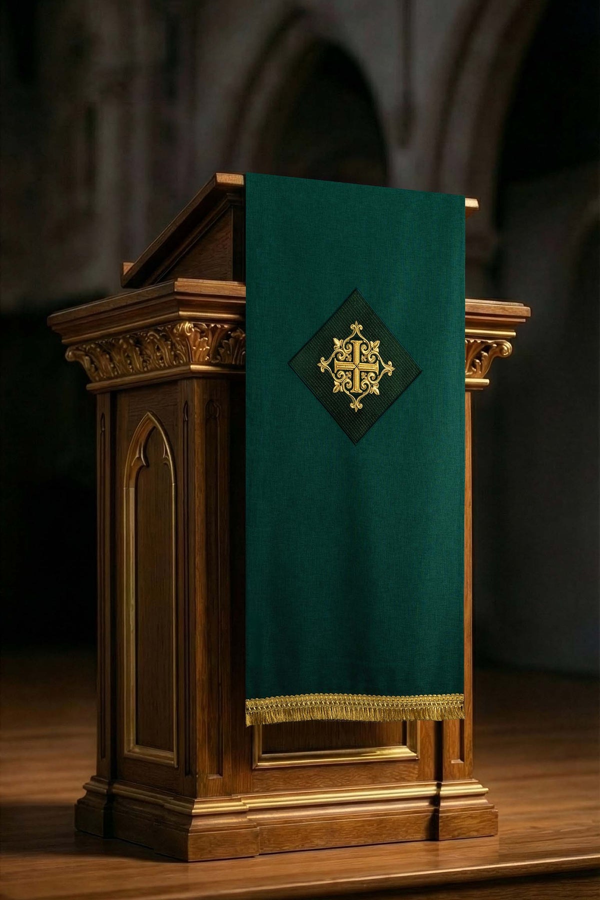 Parement d’ambon vert avec motif de croix brodé