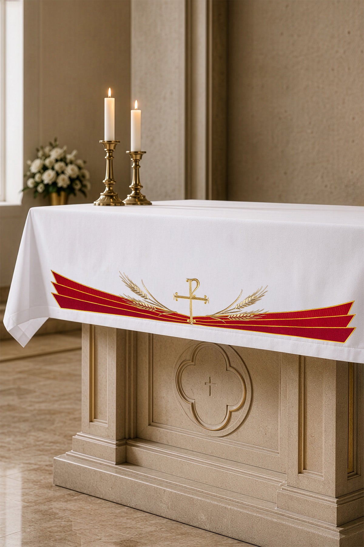 Nappe d’autel avec symbole PAX brodé