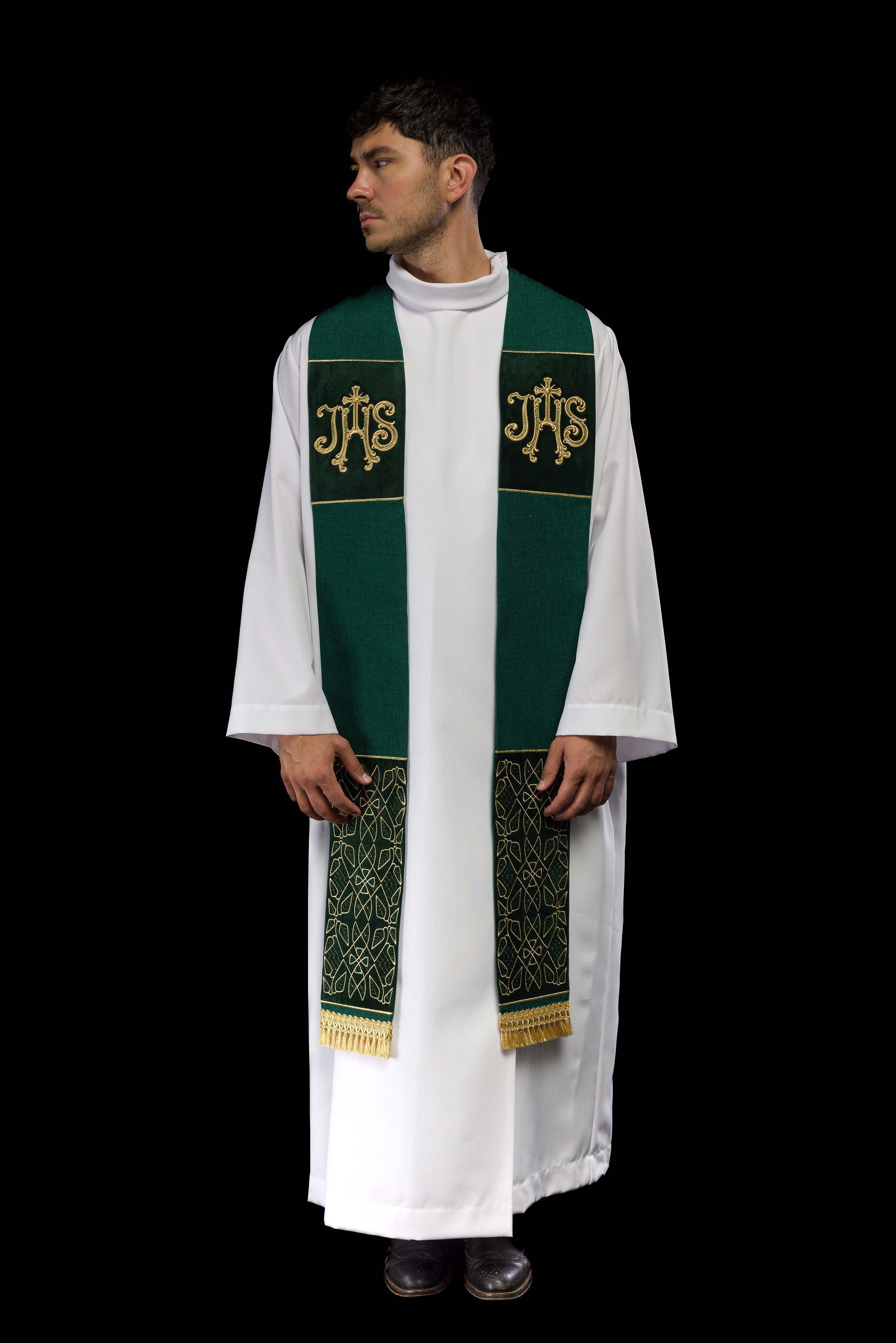 Étole en velours brodée avec motif IHS verte