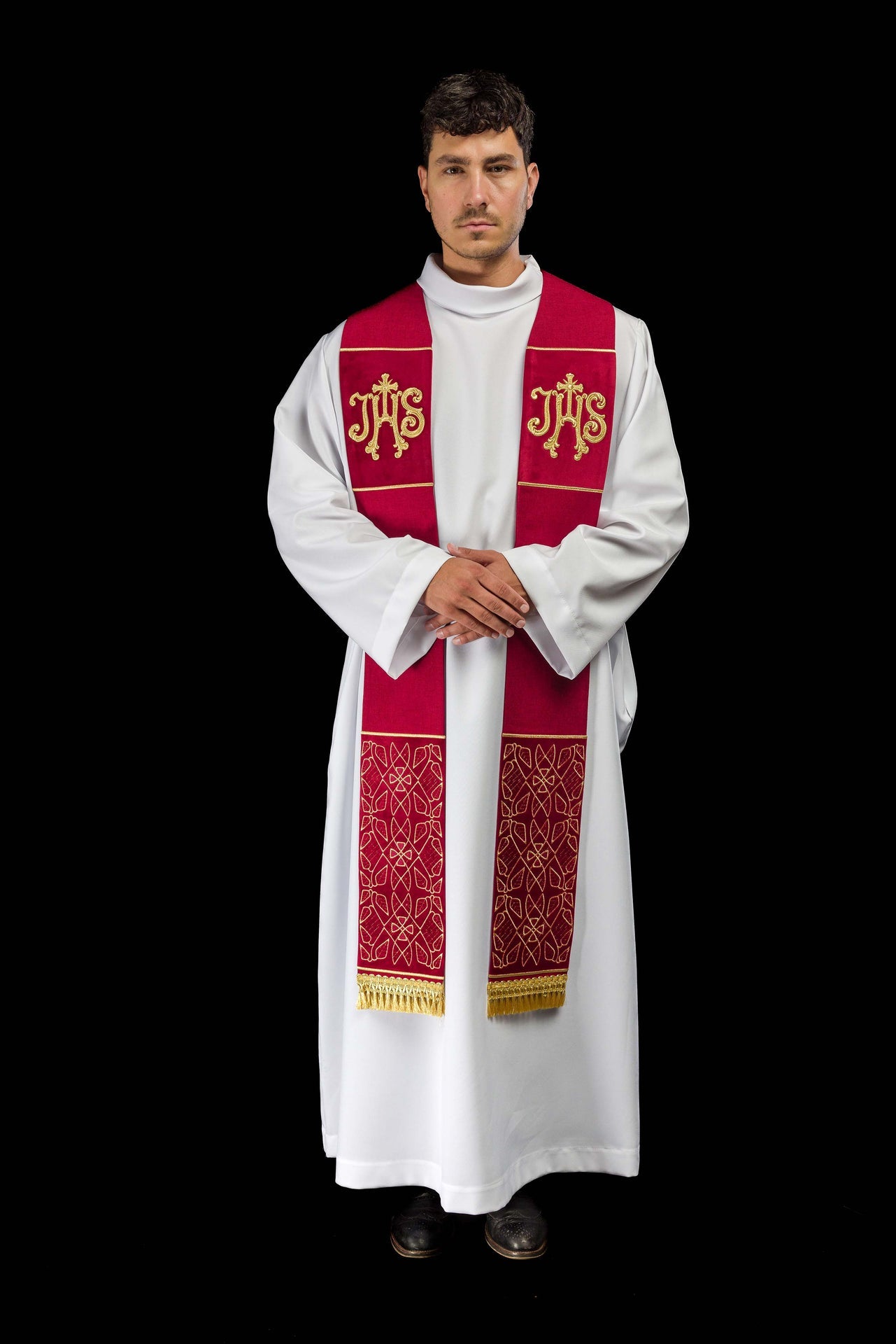 Étole en velours brodée avec le motif IHS de couleur rouge