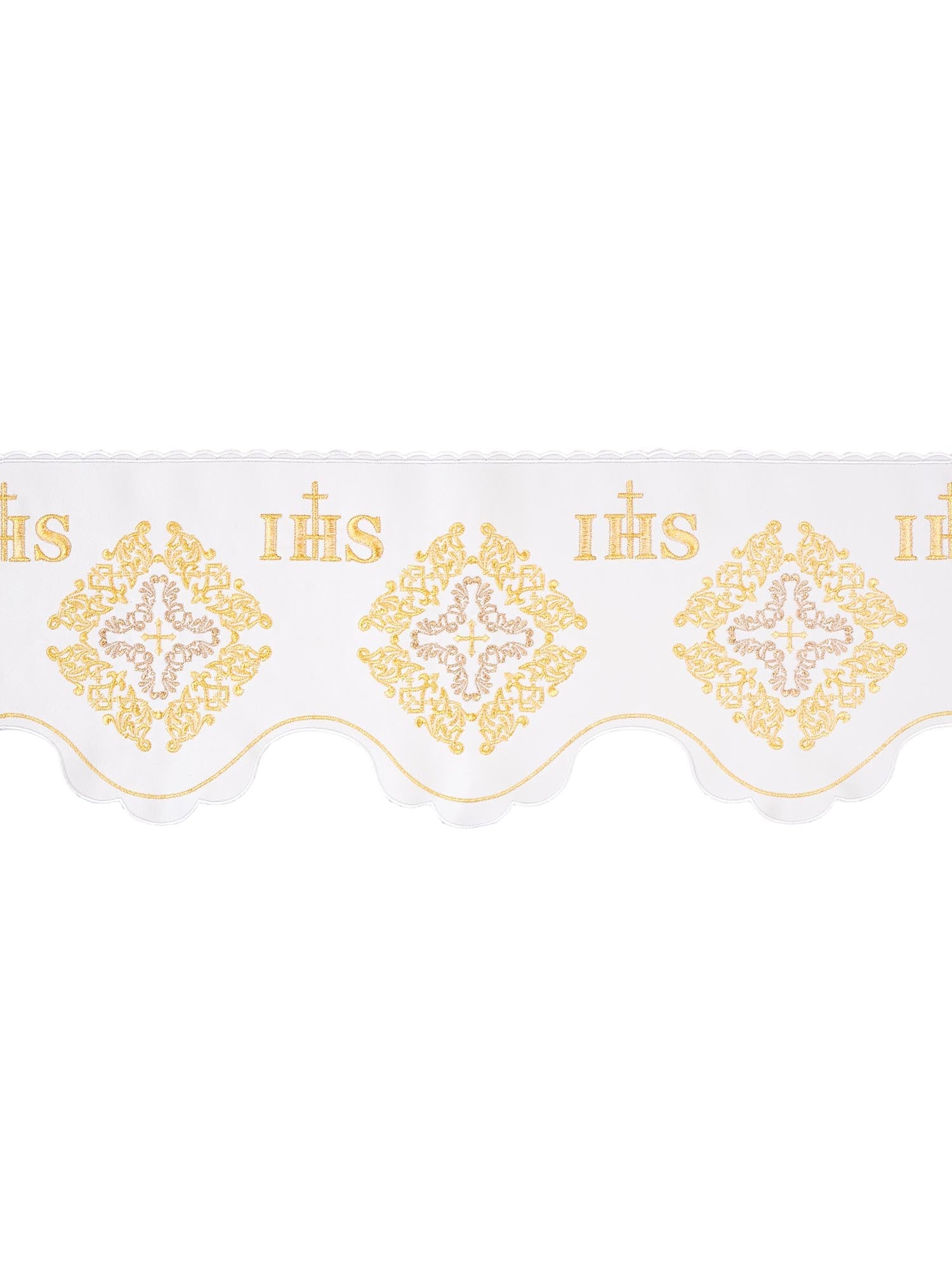 Antependium avec broderie frontale Croix IHS et rosette Blanc KOM/061/04 19cm 3,5m - CHASUBLES.FR