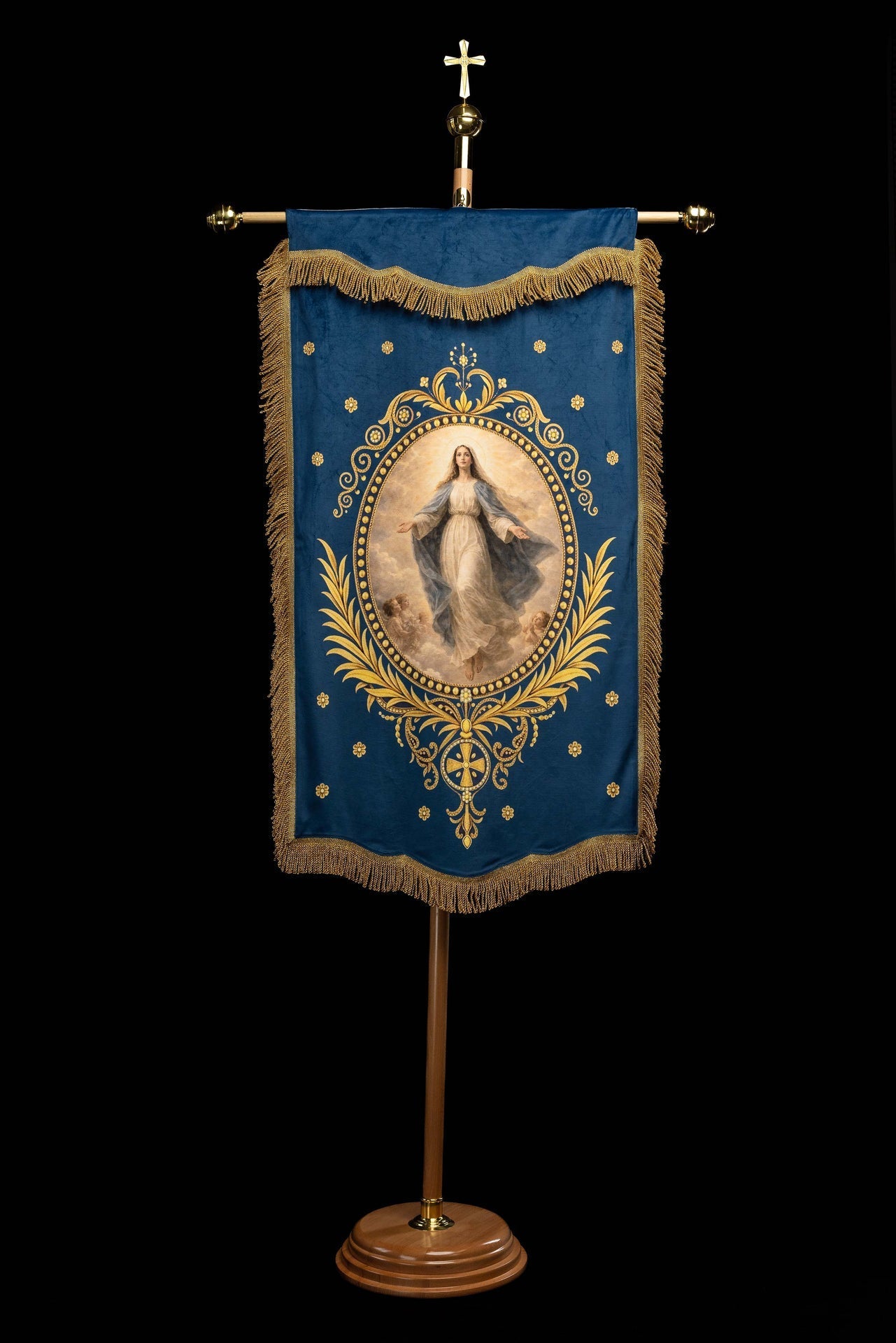 Bannière liturgique imprimée recto verso avec Notre-Dame de l’Assomption et le monogramme marial CHD/005/06-05/109 80*130 - CHASUBLES.FR
