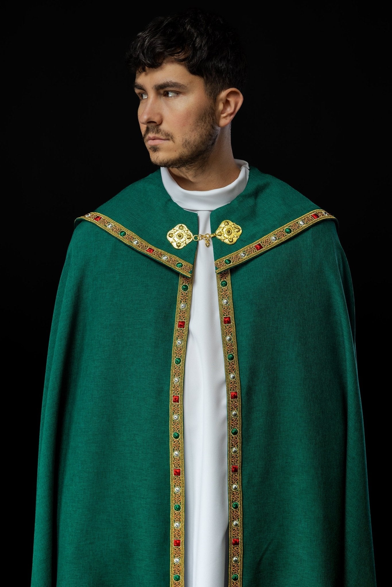 Chapelle liturgique verte avec IHS doré S - 3067 - 01 - 70 150cm - CHASUBLES.FR