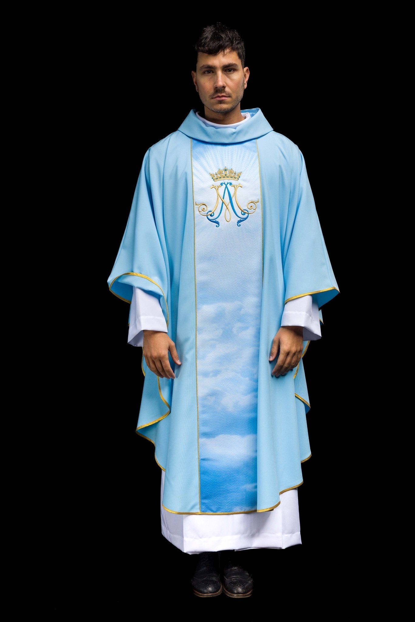 Chasuble liturgique bleue mariale avec une bande sublimée et brodée HA7020-06 NIEBIESKI - CHASUBLES.FR