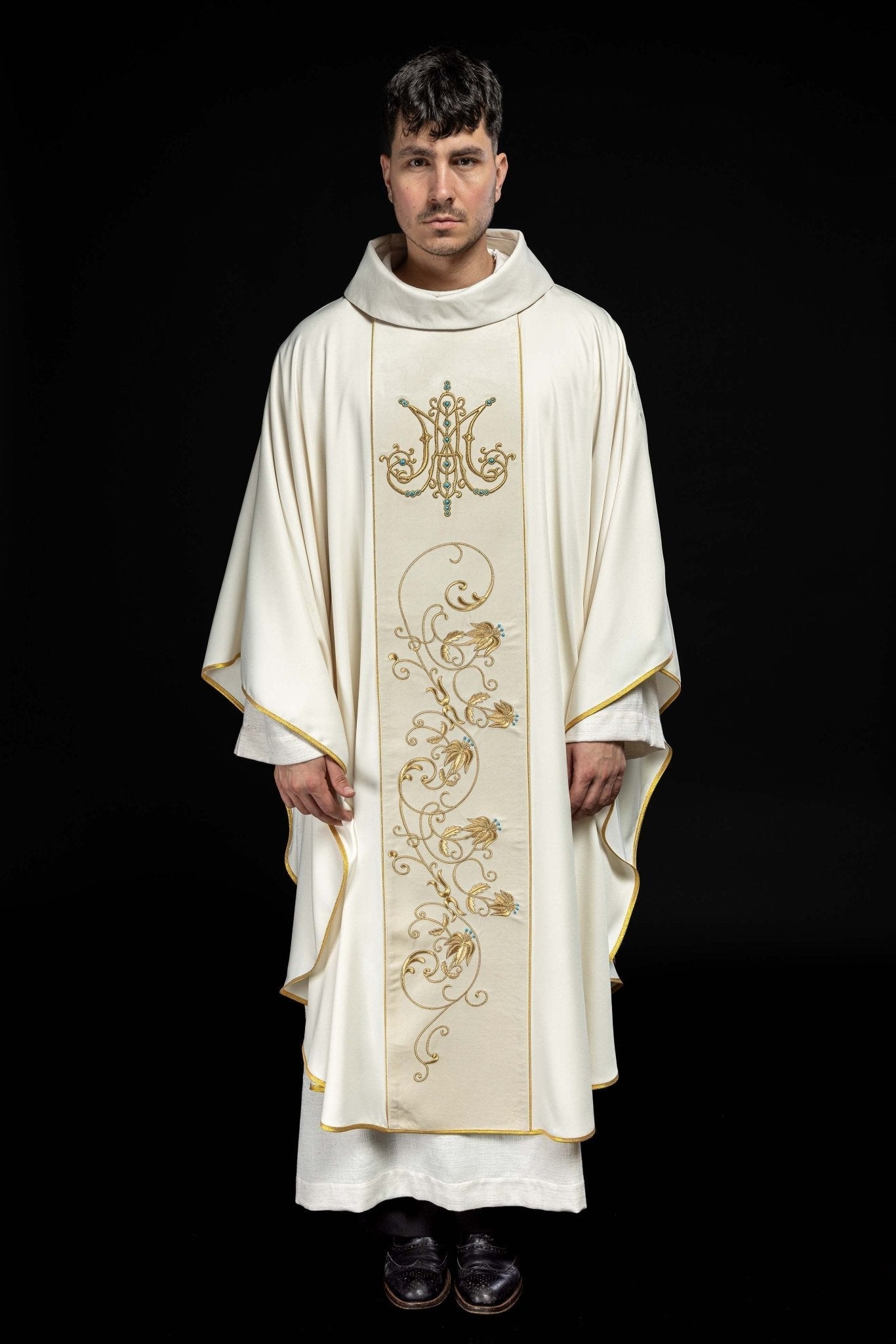 Chasuble liturgique mariale avec ceinture en velours écru KOR/372/05/53/PA ECRU - CHASUBLES.FR