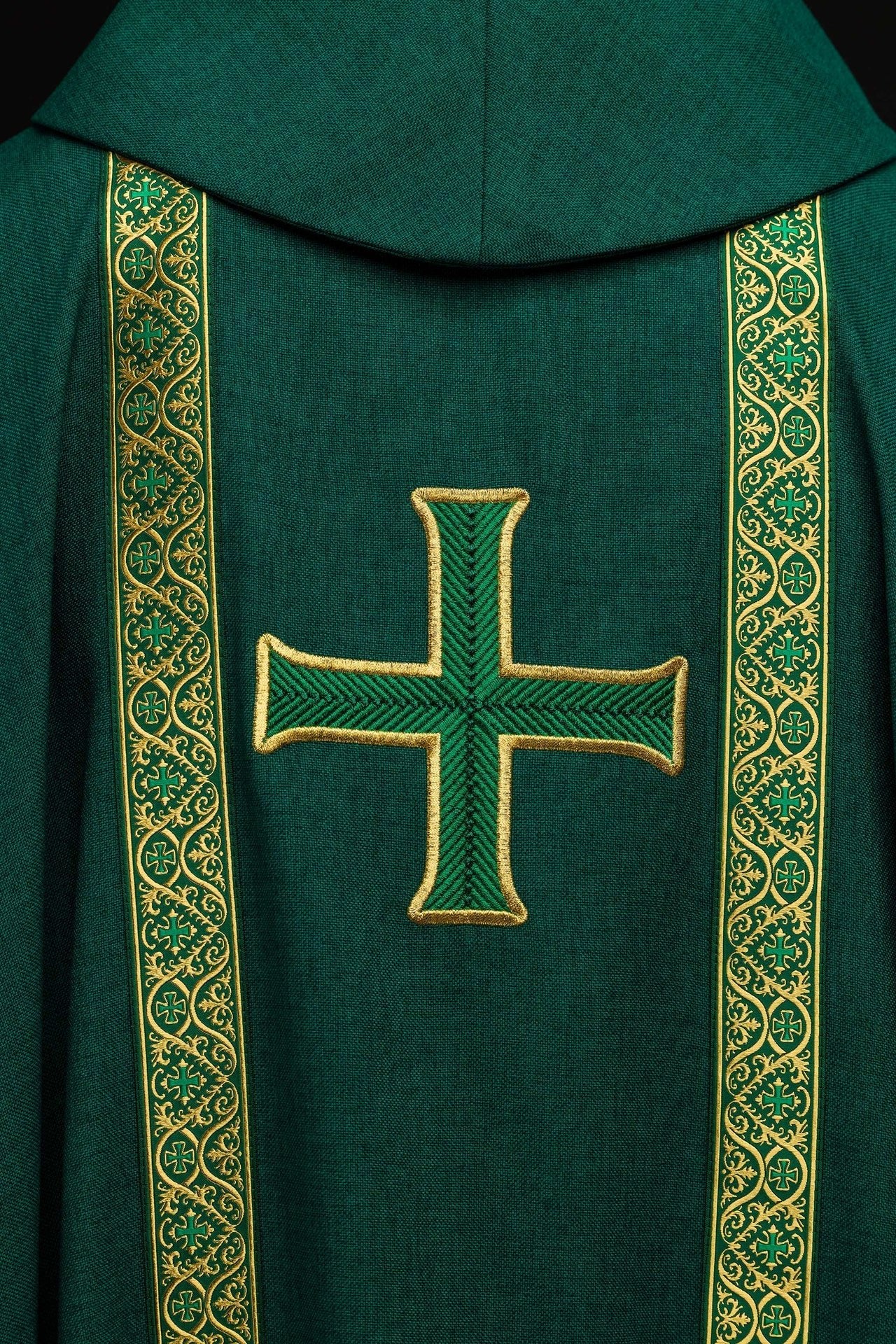 Chasuble liturgique verte avec croix brodée et bandes jacquard KOR/975/01/70 - CHASUBLES.FR