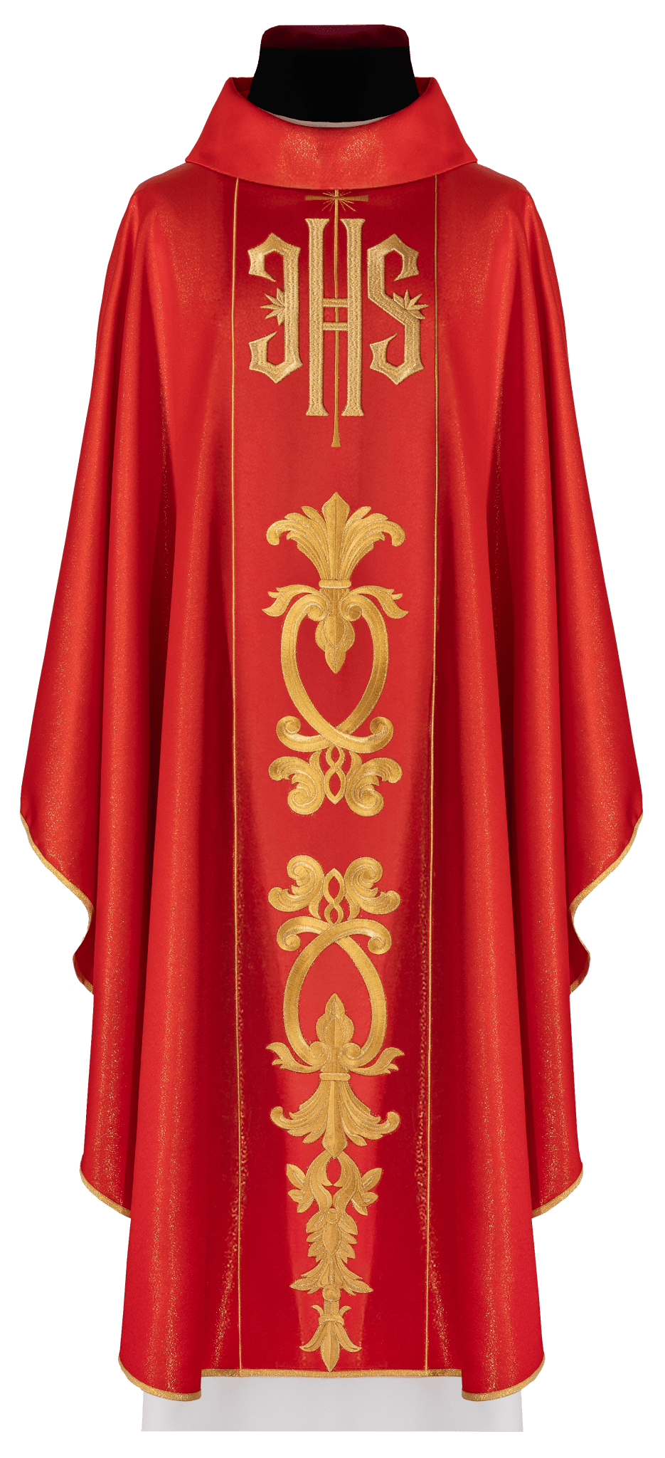 Chasuble rouge richement décorée avec motif doré et large bande brodée IHS KDT/7001/02/54 CZERWONY - CHASUBLES.FR