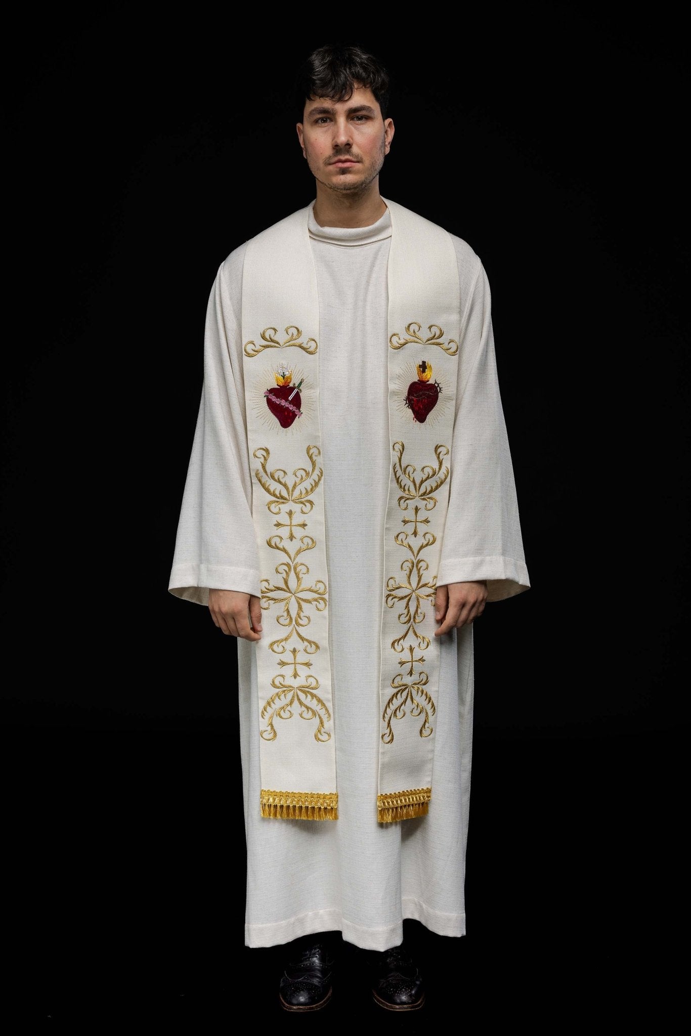 Étole brodée avec le cœur de Jésus et de Marie Écru KST/125/05/52 - CHASUBLES.FR
