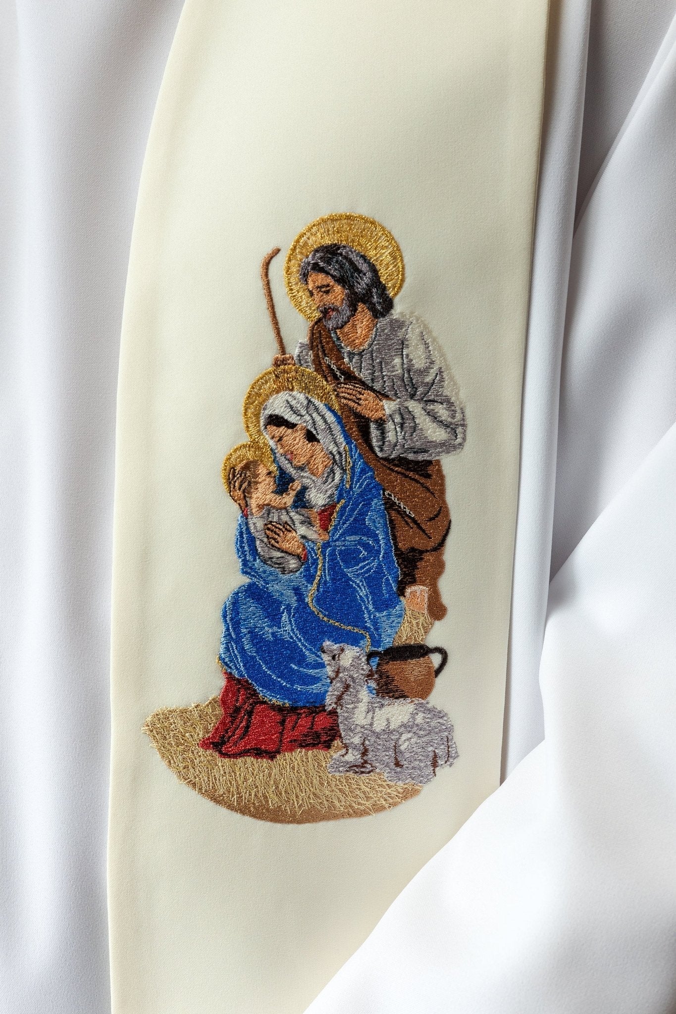 Étole brodée avec l'image de la Sainte Famille pour Noël KZS2/260/05/01 ECRU - CHASUBLES.FR