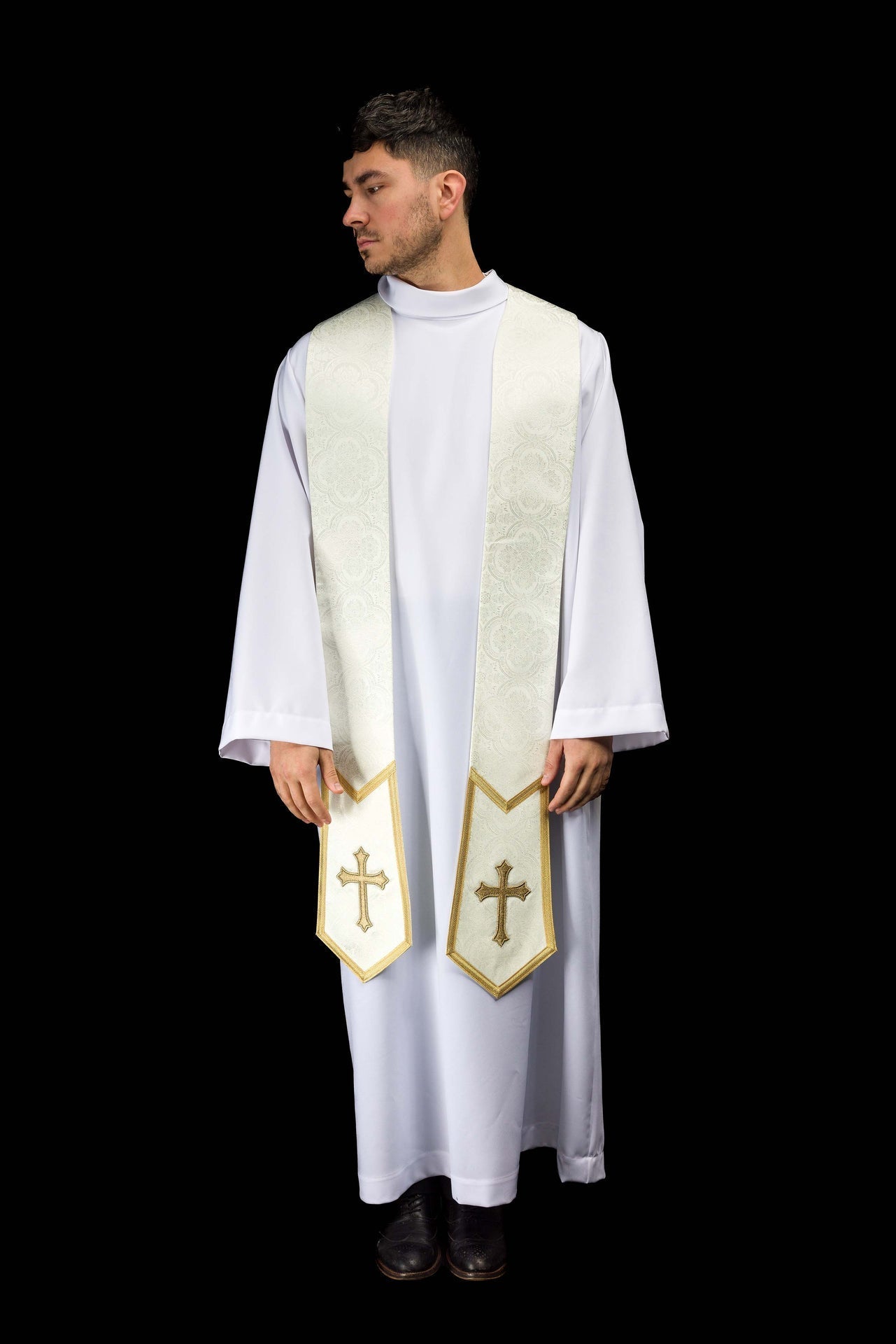 Étole brodée avec motif de Croix en tissu jacquard écru KST/639/05/11 - CHASUBLES.FR