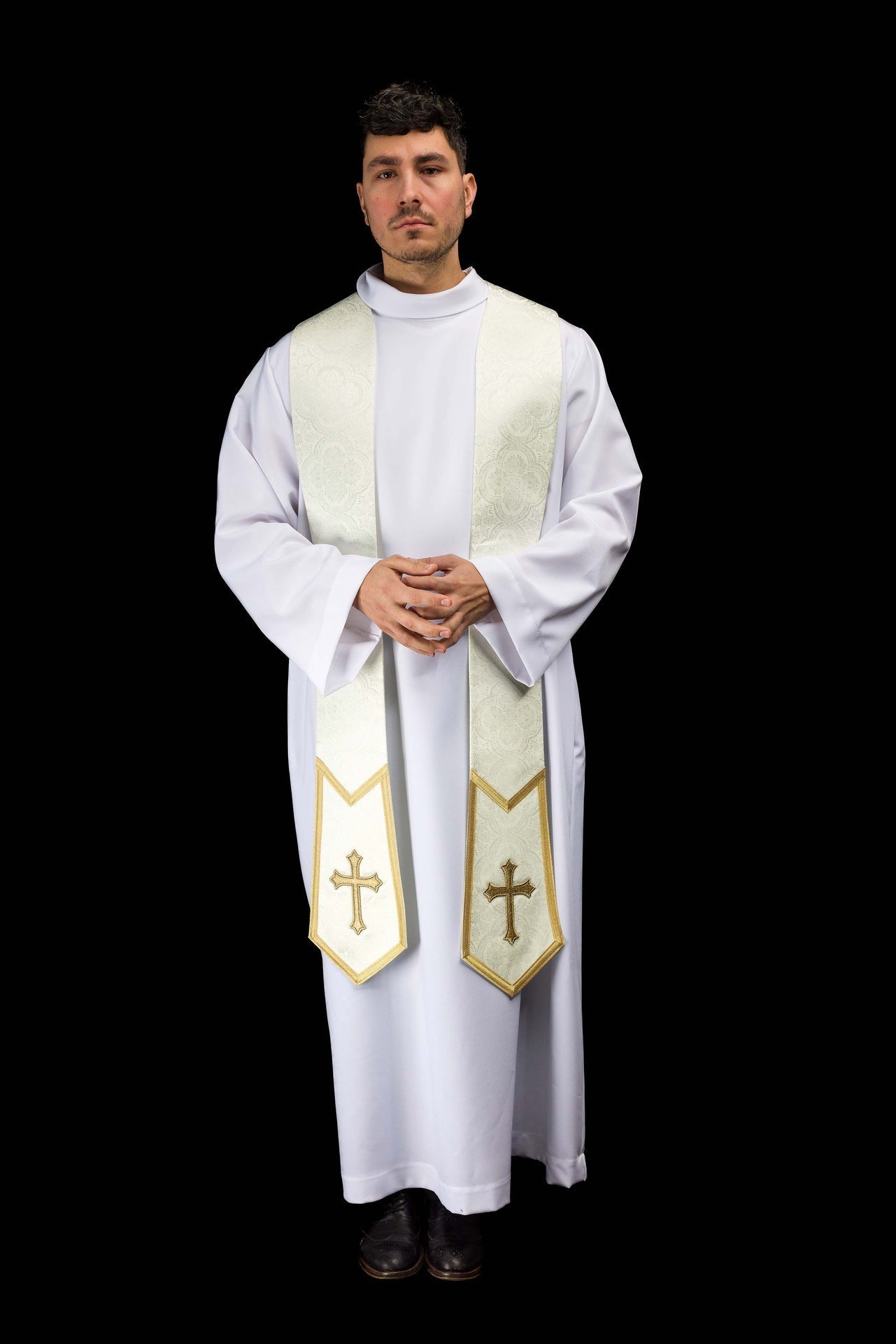 Étole brodée avec motif de Croix en tissu jacquard écru KST/639/05/11 - CHASUBLES.FR