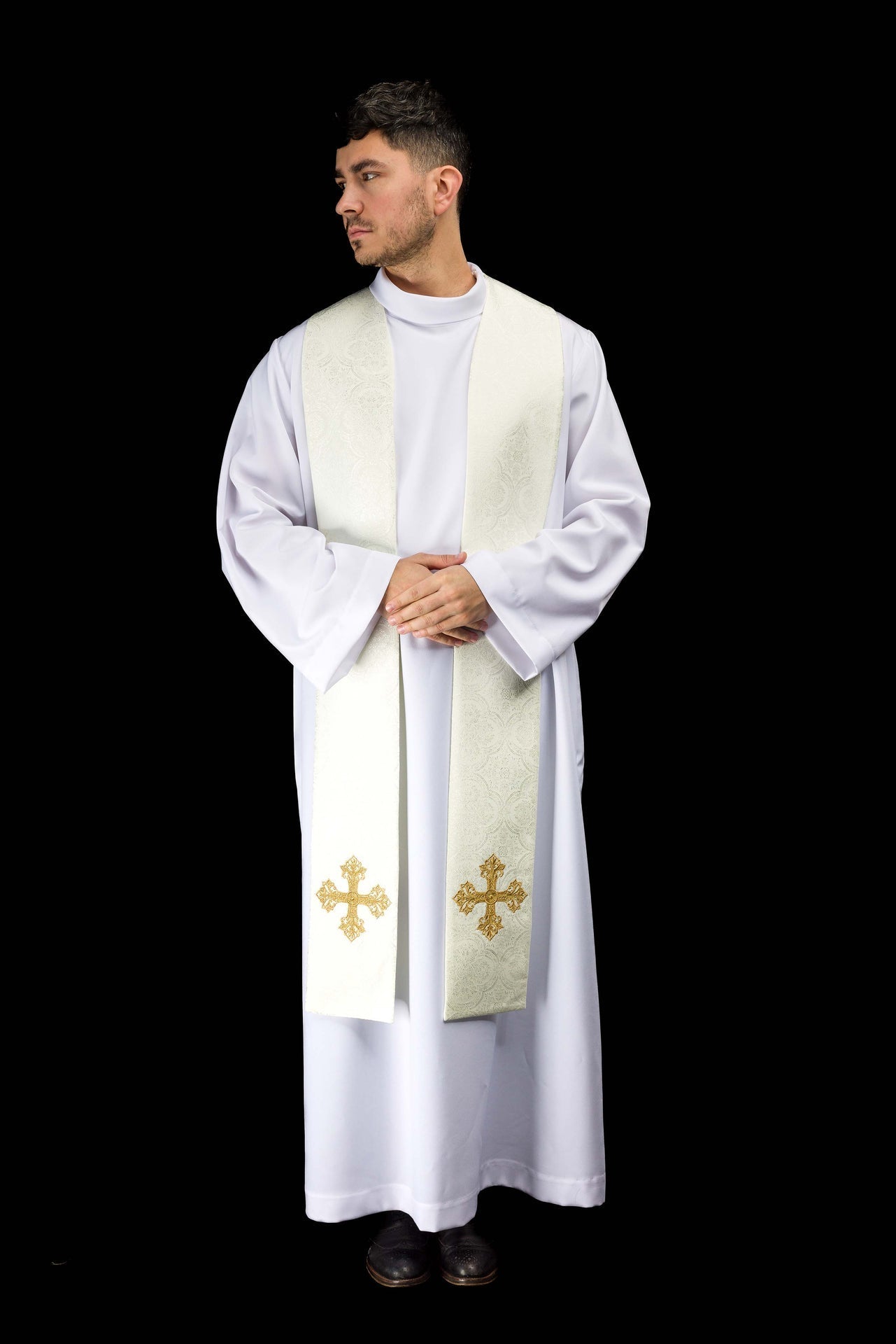 Étole brodée avec motif de croix tissu jacquard écru KST/967/05/11 - CHASUBLES.FR