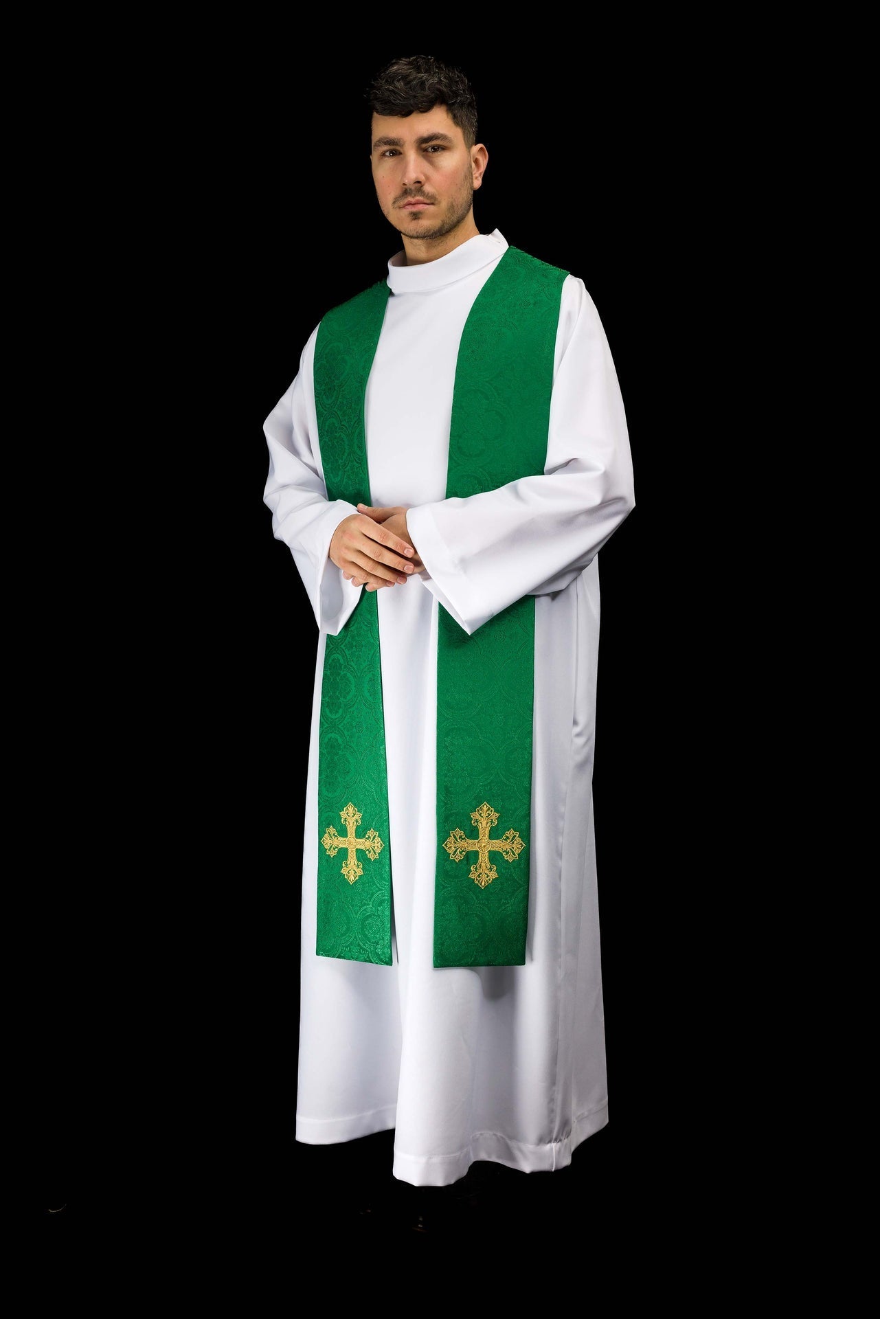 Étole brodée avec motif de croix tissu jacquard vert KST/967/01/11 - CHASUBLES.FR