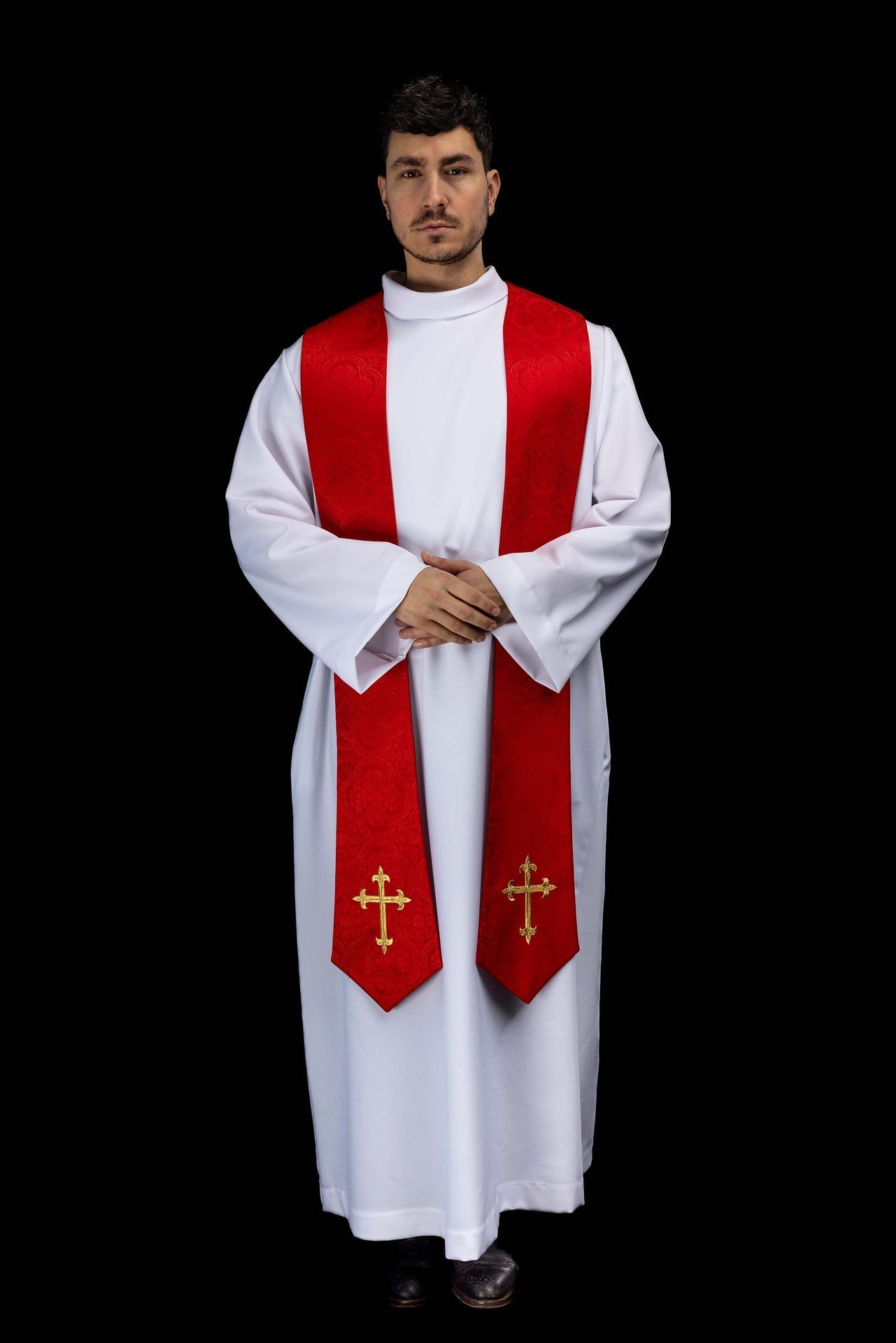 Étole brodée avec motif de la Croix tissu jacquard rouge KST/638/02/11 - CHASUBLES.FR