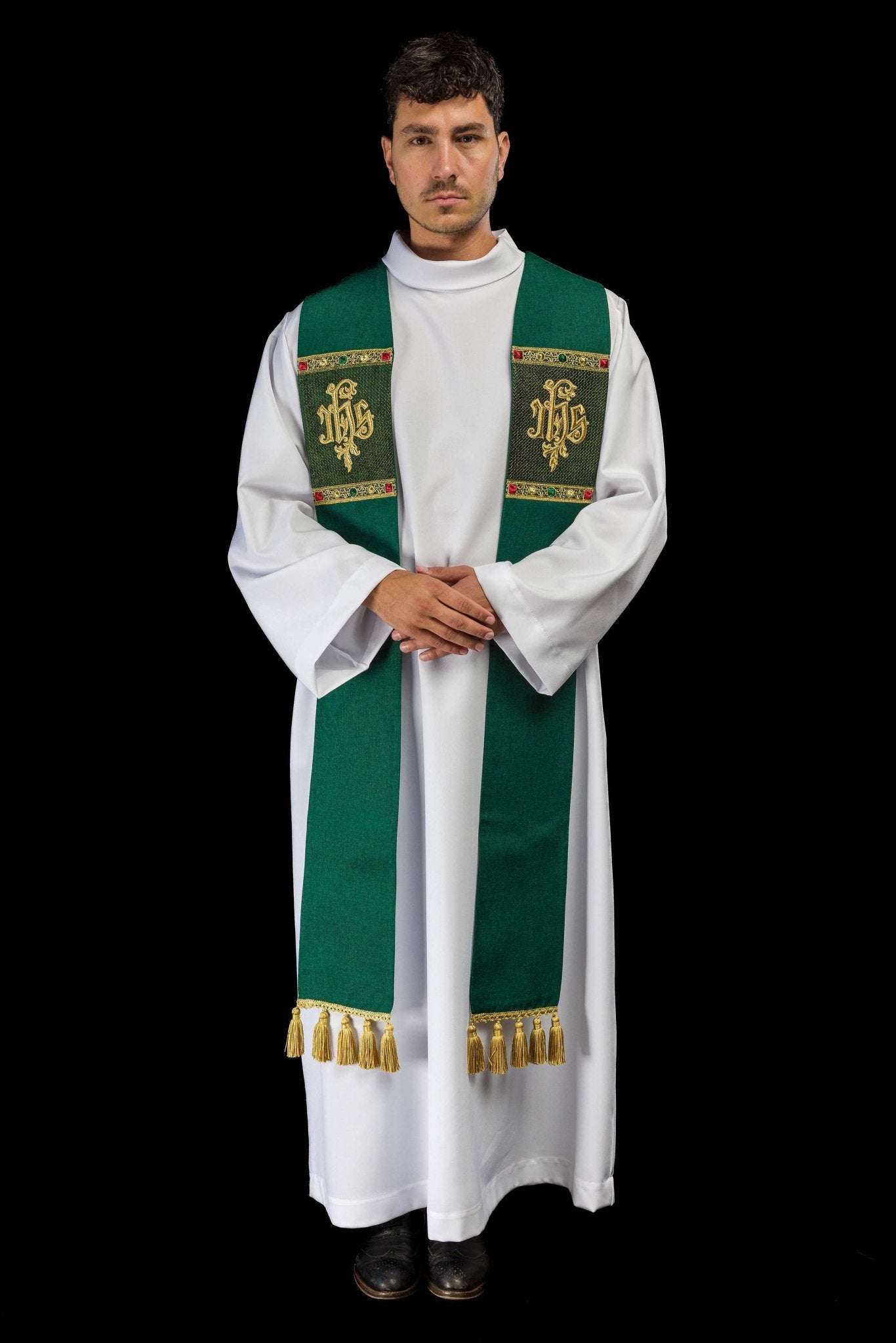 Étole brodée avec motif IHS verte S-2067-01-70 - CHASUBLES.FR