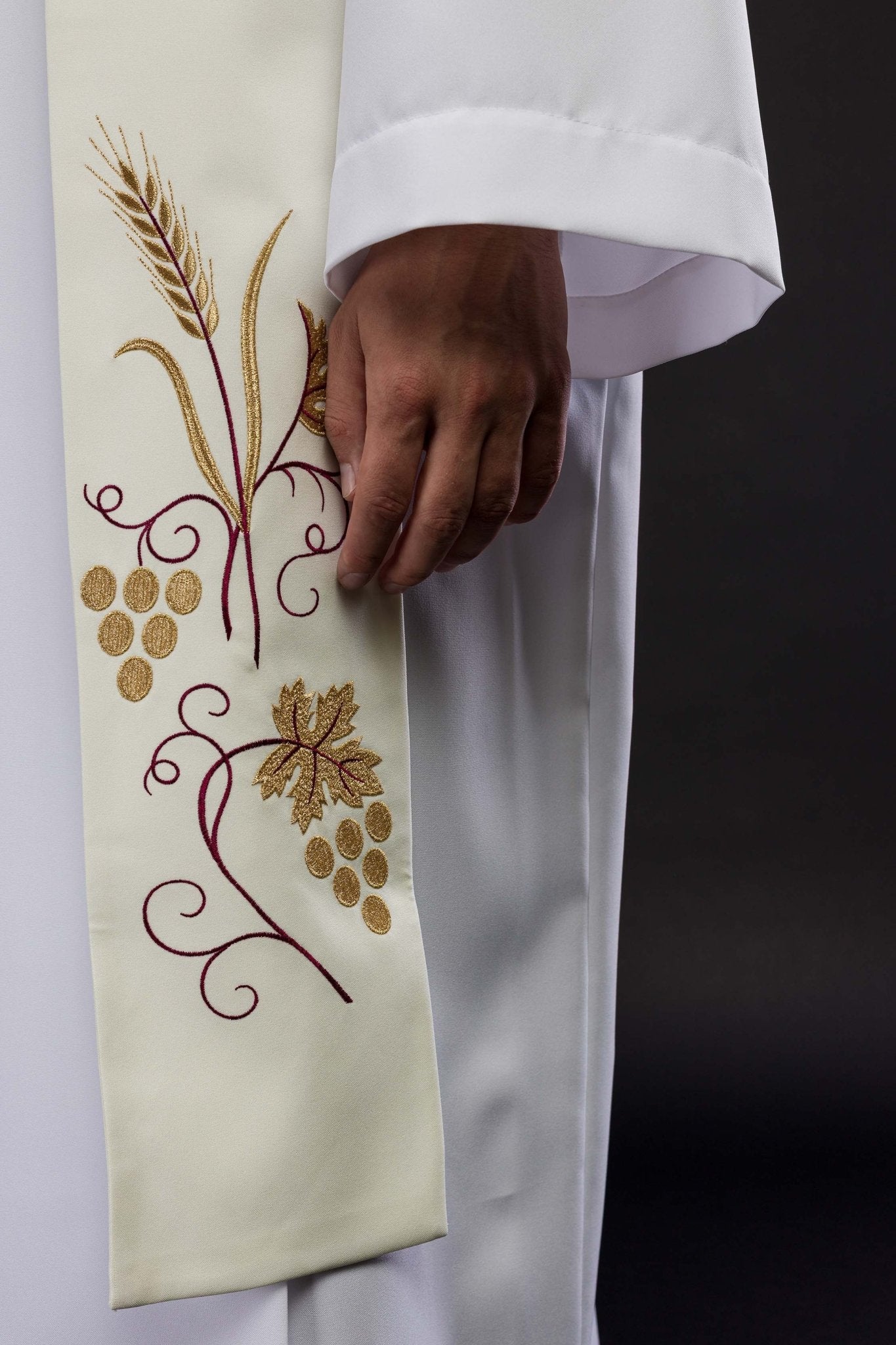 Étole brodée de raisins et d'épis en écru KST/003/05/01 ECRU - CHASUBLES.FR