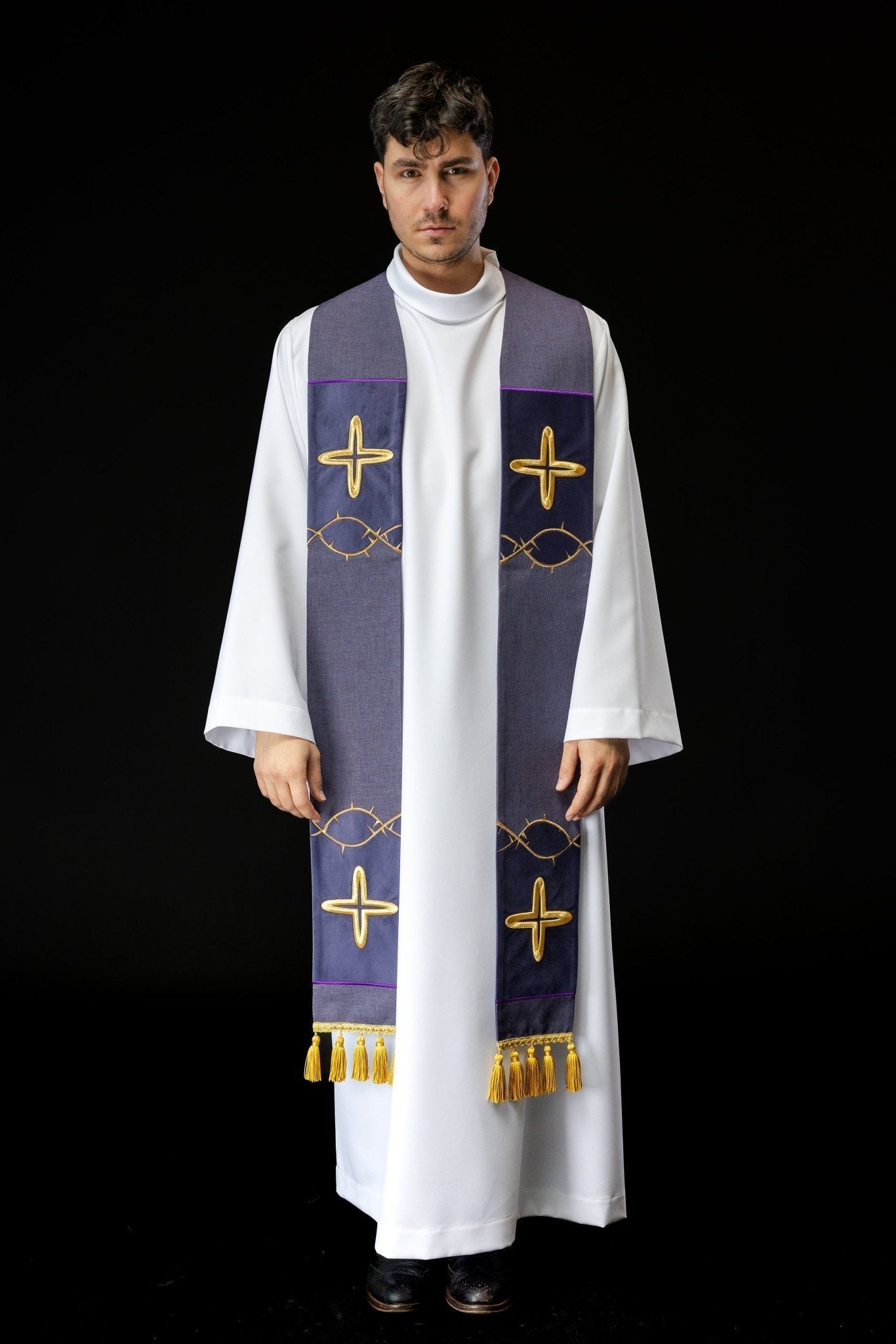 Étole brodée pour le Carême avec des croix – violet S - 2056 - 03 - 70 - CHASUBLES.FR