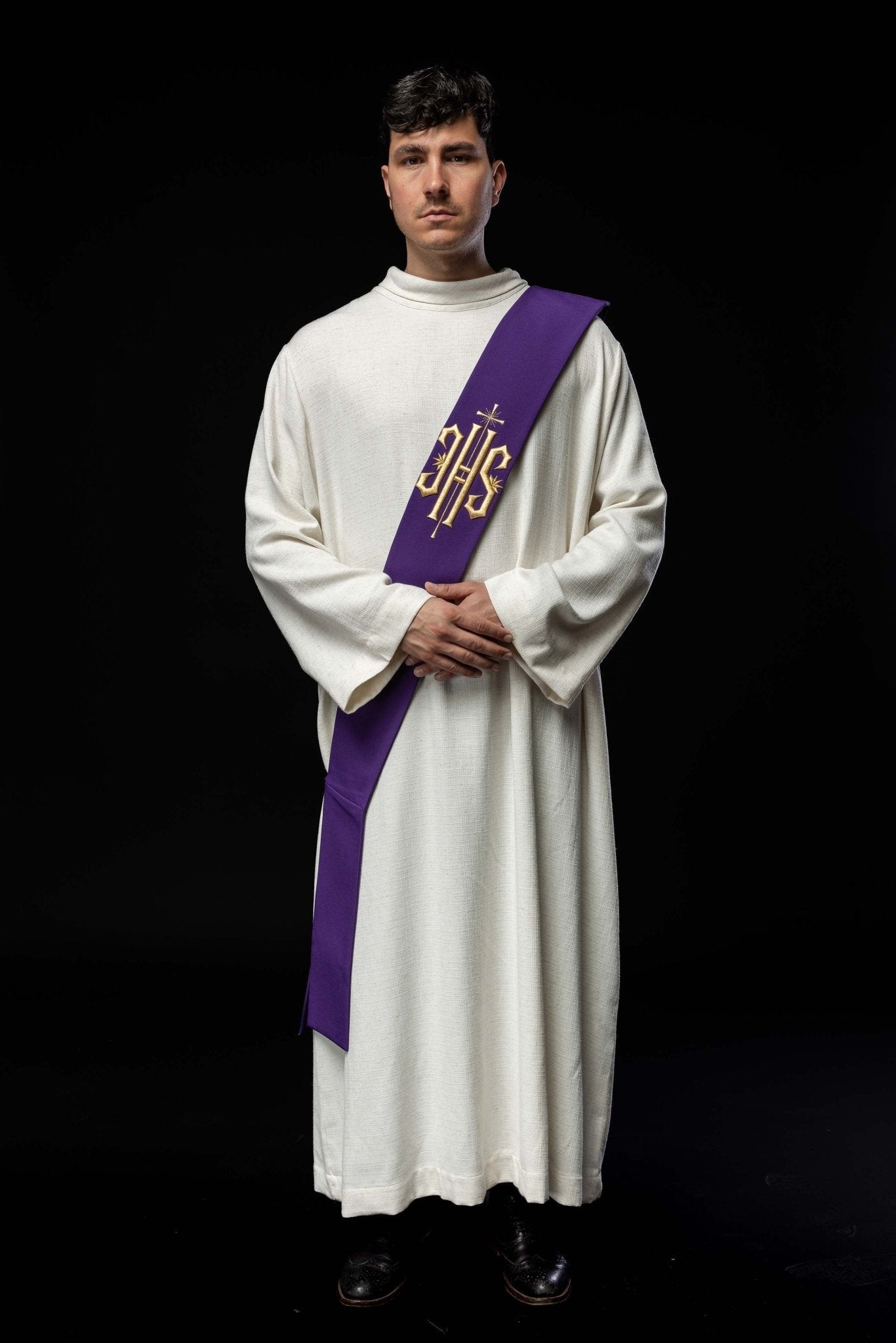 Étole de diacre brodée IHS avec croix KSD/135/03/01 FIOLET - CHASUBLES.FR