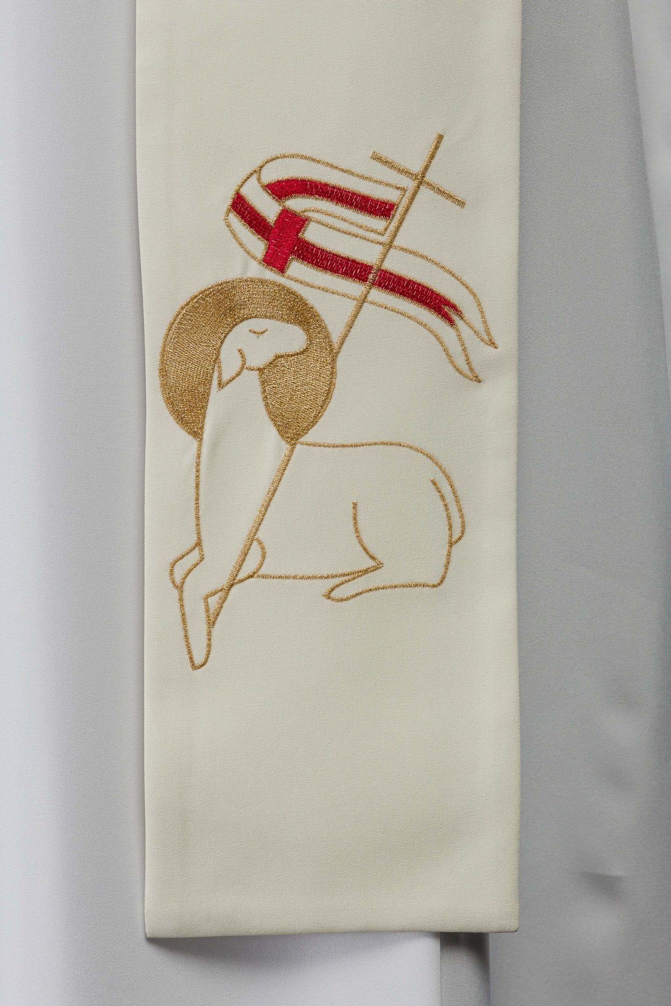 Étole de prêtre avec broderie de la Croix et de l'Agneau KST/017/05/01 ECRU - CHASUBLES.FR