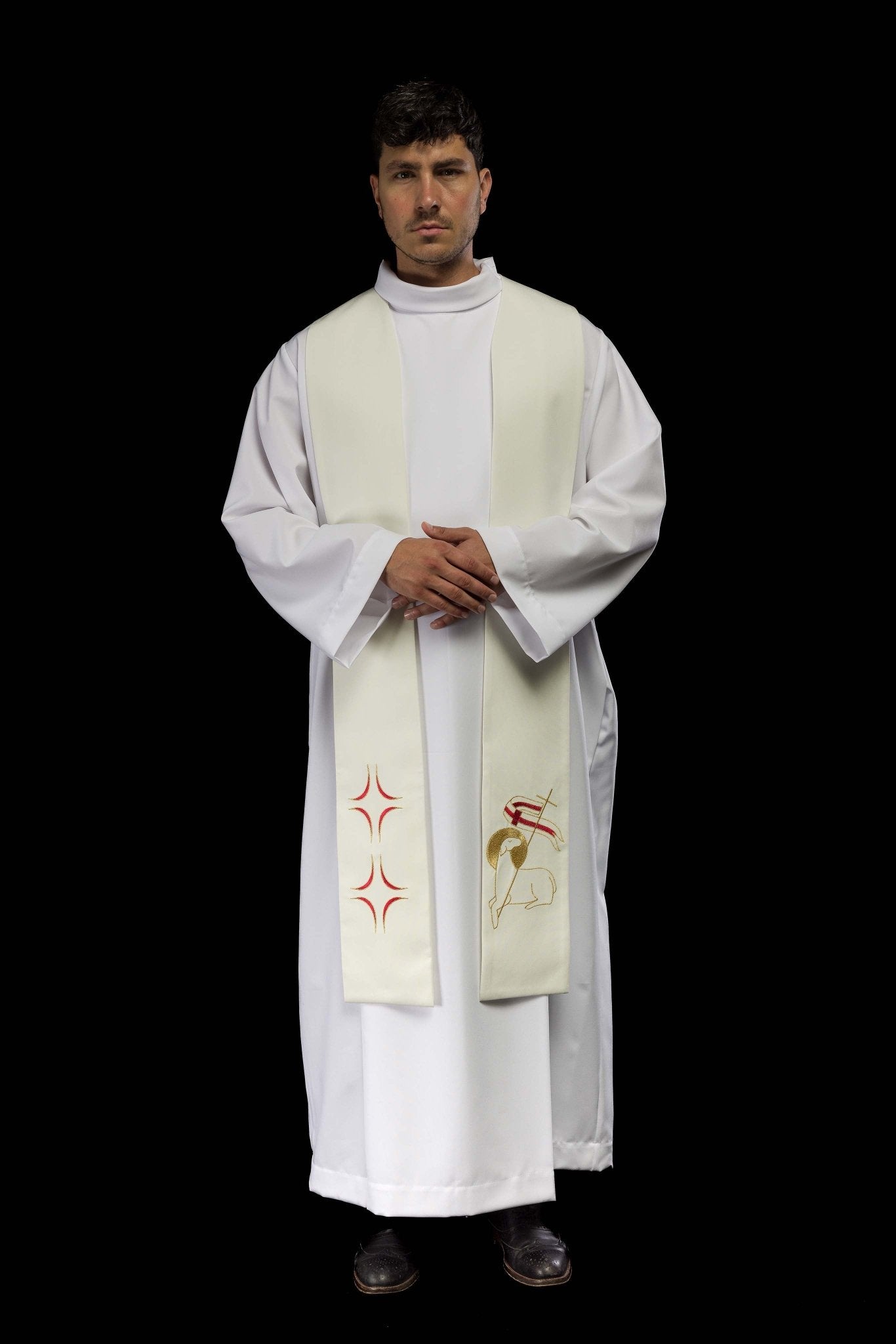 Étole de prêtre avec broderie de la Croix et de l'Agneau KST/017/05/01 ECRU - CHASUBLES.FR