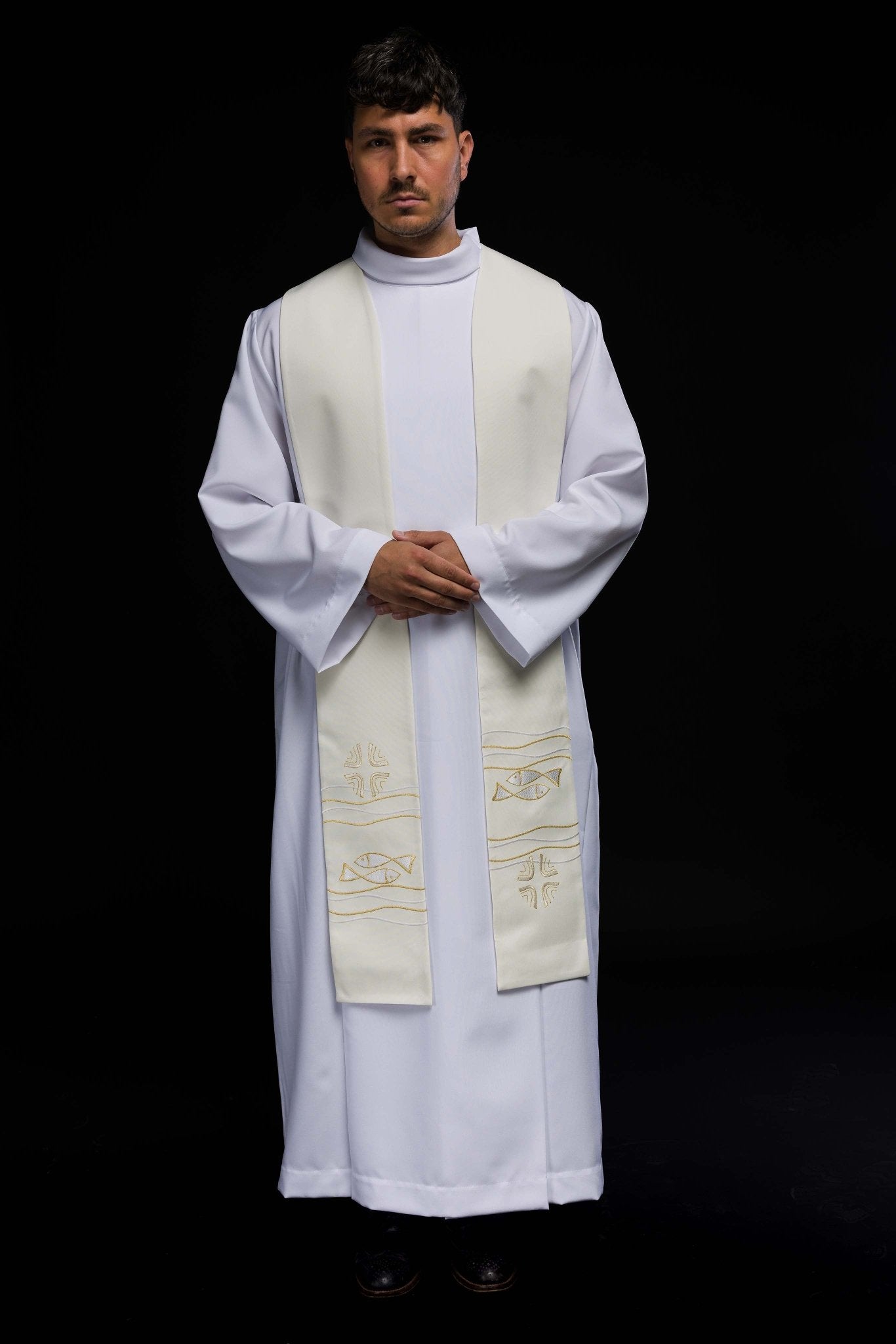 Étole de prêtre brodée avec motif de poisson en couleur écru KST/022/05/01 ECRU - CHASUBLES.FR