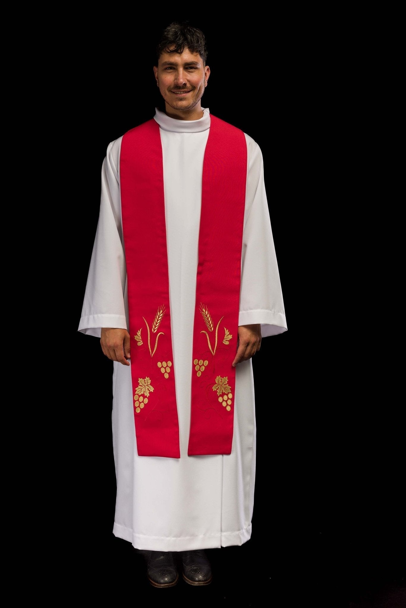 Étole de prêtre brodée de raisins et d'épis en rouge KST/003/02/01 CZERWONY - CHASUBLES.FR