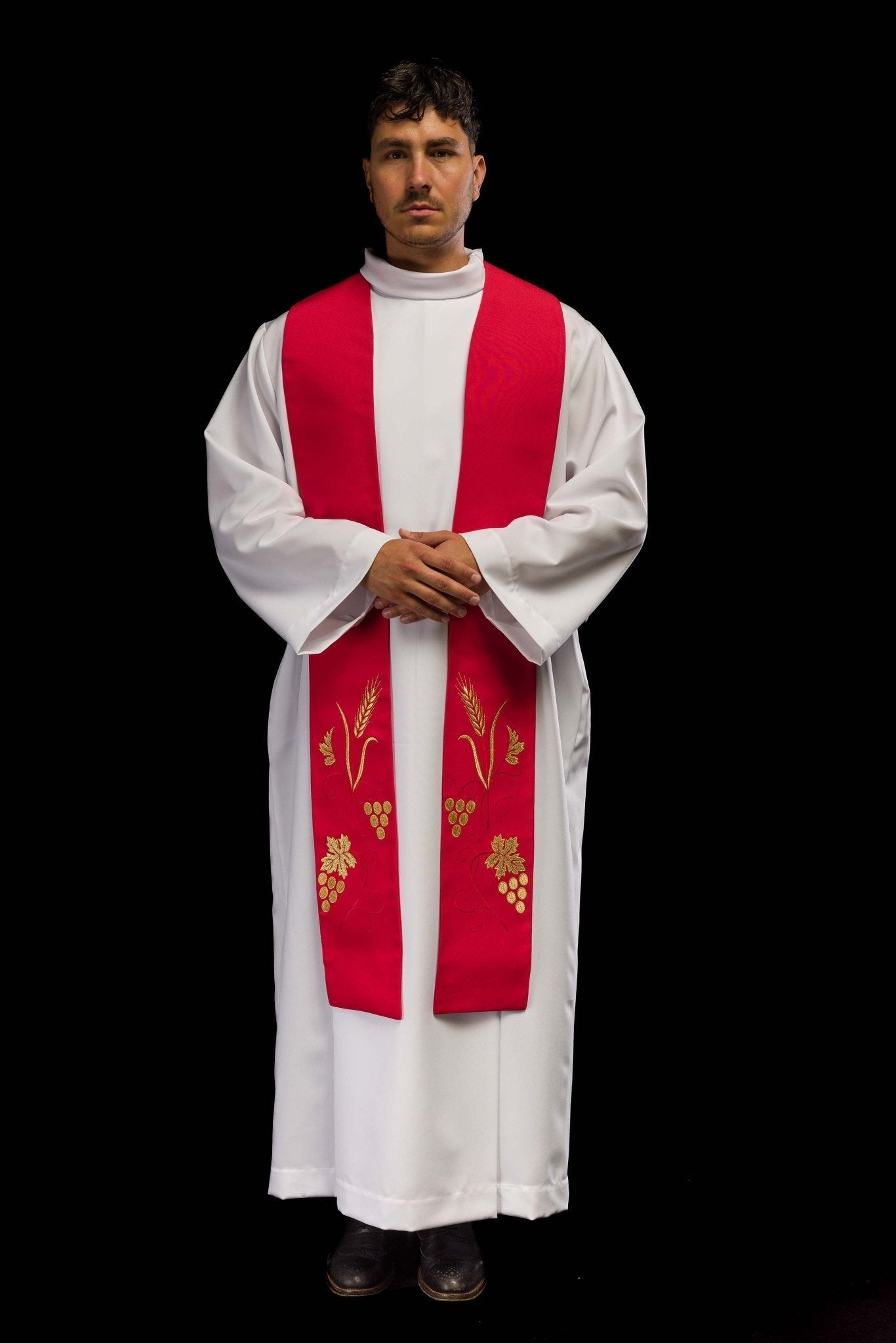 Étole de prêtre brodée de raisins et d'épis en rouge KST/003/02/01 CZERWONY - CHASUBLES.FR