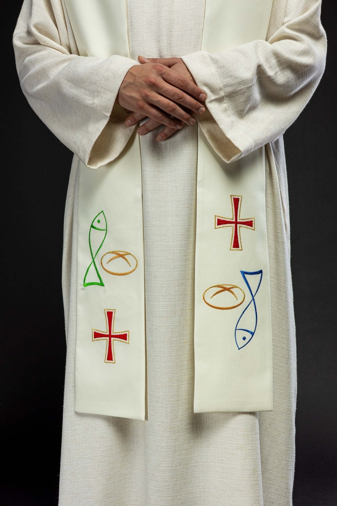 Étole de prêtre brodée d'une croix de pain de poisson en écru KST/007/05/12 ECRU - CHASUBLES.FR