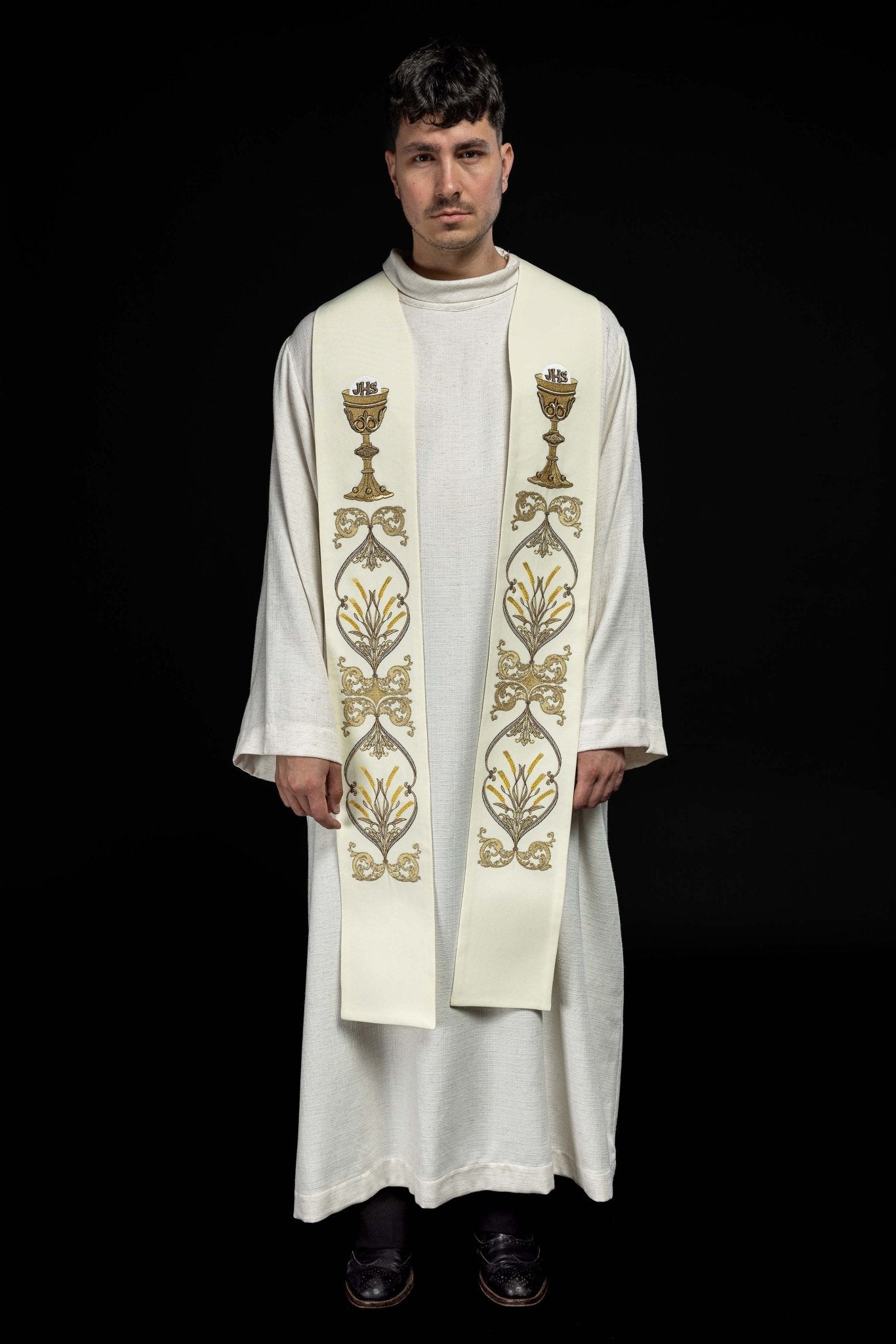 Étole de prêtre brodée en agneau écru KST/042/05/01 ECRU - CHASUBLES.FR