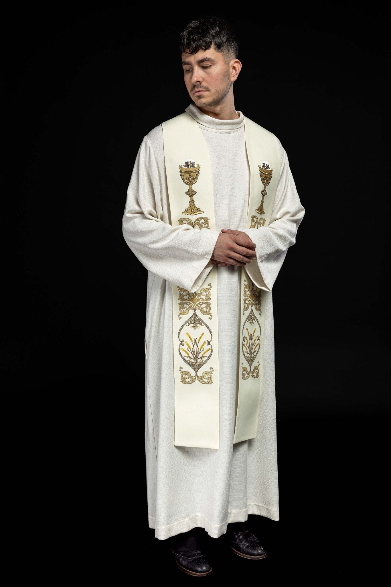 Étole de prêtre brodée en agneau écru KST/042/05/01 ECRU - CHASUBLES.FR