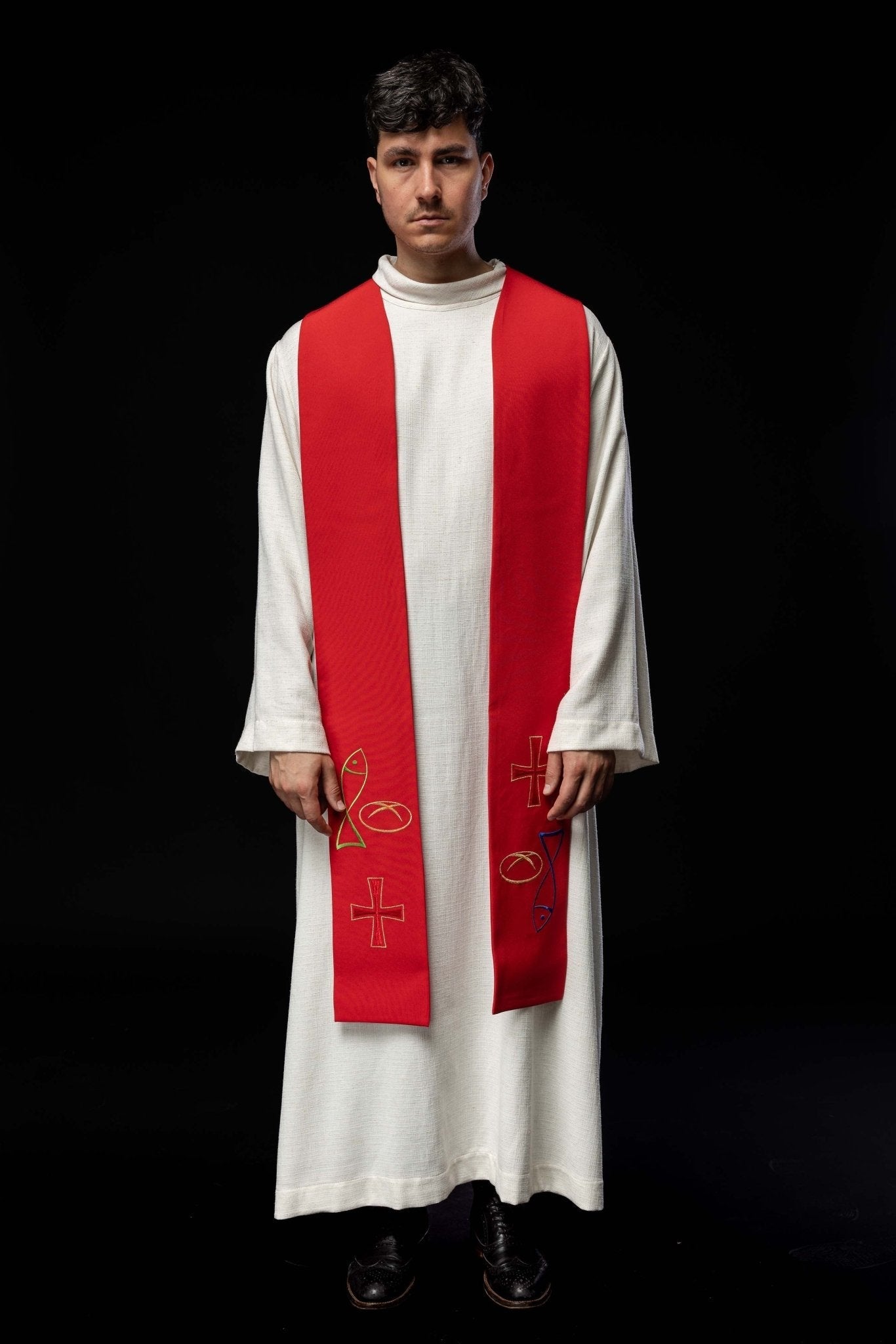 Étole de prêtre brodée en rouge avec motif Fish Bread Cross KST/007/02/12 CZERWONY - CHASUBLES.FR