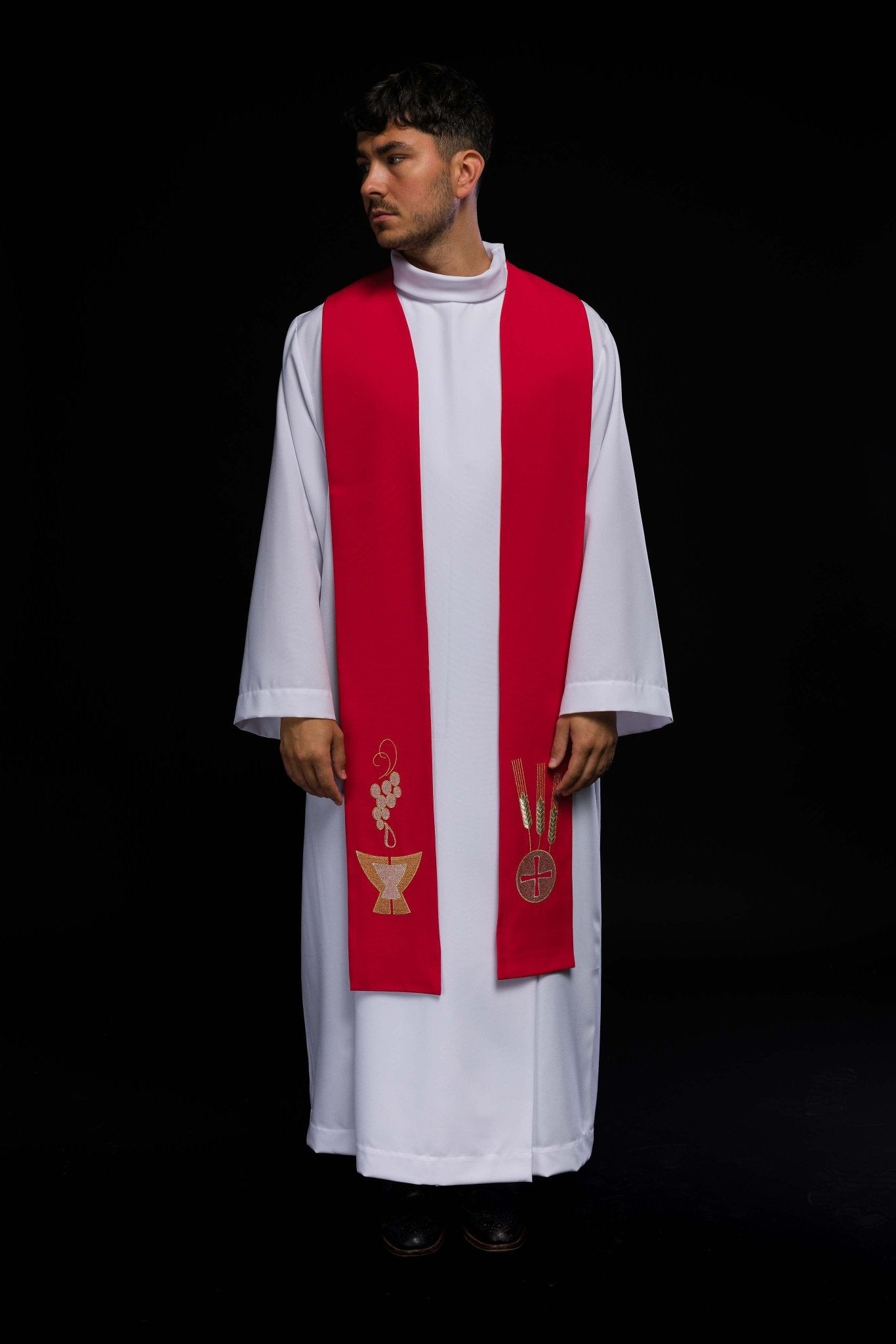 Étole de prêtre brodée en rouge Calice, oreilles et raisins KST/009/02/01 CZERWONY - CHASUBLES.FR